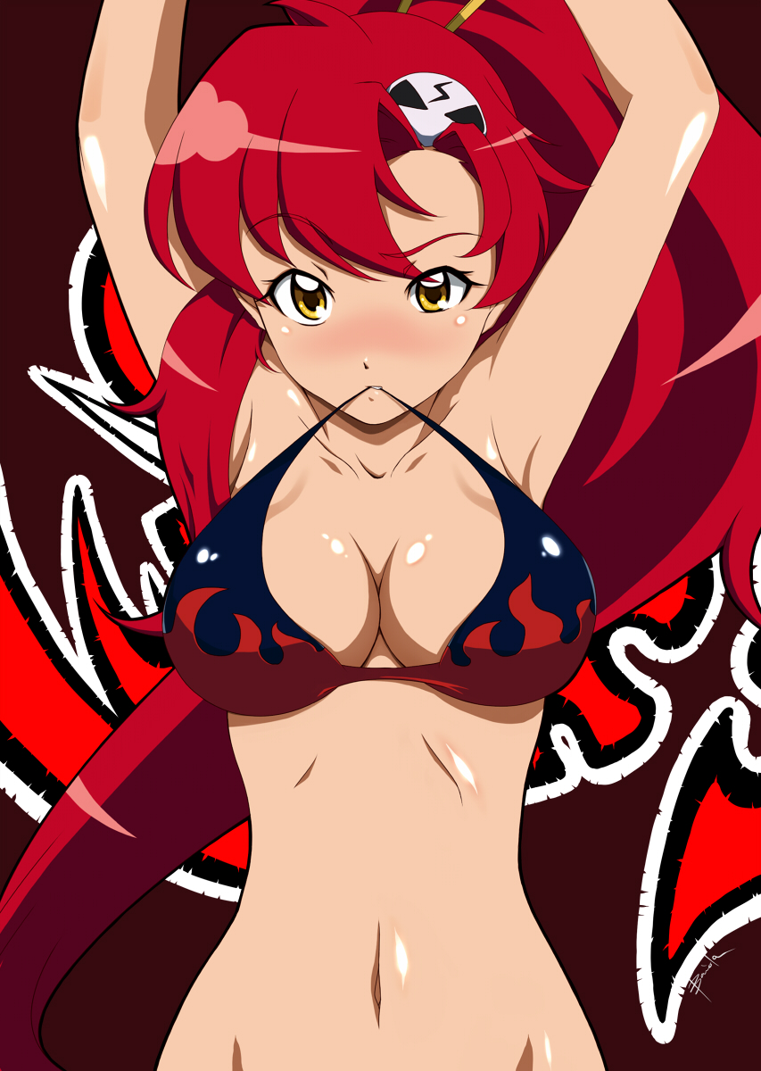 baiola, yoko littner, tengen toppa gurren lagann, highres, 00s, 1girl, armpits, arms up, bikini, bikini top only, blush, bottomless, breasts, brown eyes, cleavage, female focus, large breasts, long hair, mouth hold, red hair, solo, swimsuit, yellow eyes