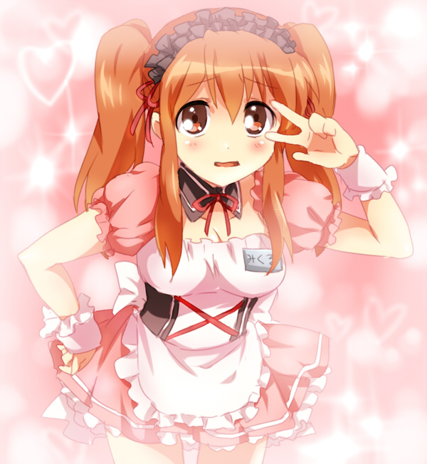 maruki (punchiki), asahina mikuru, suzumiya haruhi no yuuutsu, bad id, bad pixiv id, 00s, 1girl, apron, blush, breasts, corset, female focus, mikuru beam, official alternate hairstyle, solo, v, waitress