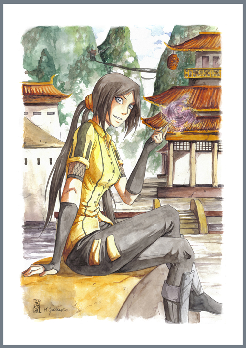 kunoichi-san, original, traditional media, 1girl, architecture, black hair, building, east asian architecture, female focus, long hair, mountain, pinwheel, ponytail, shin guards, signature, solo, windmill