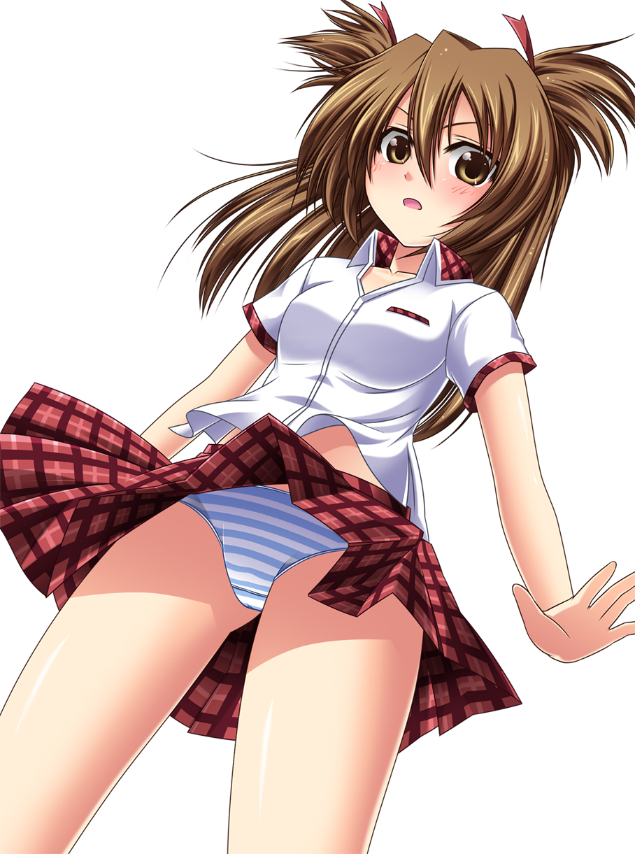 shiboru, akita momoko, aoi shiro, highres, 1girl, blush, brown eyes, brown hair, female focus, hair ribbon, long hair, open mouth, panties, pantyshot, ribbon, simple background, skirt, solo, striped clothes, striped panties, underwear, white background