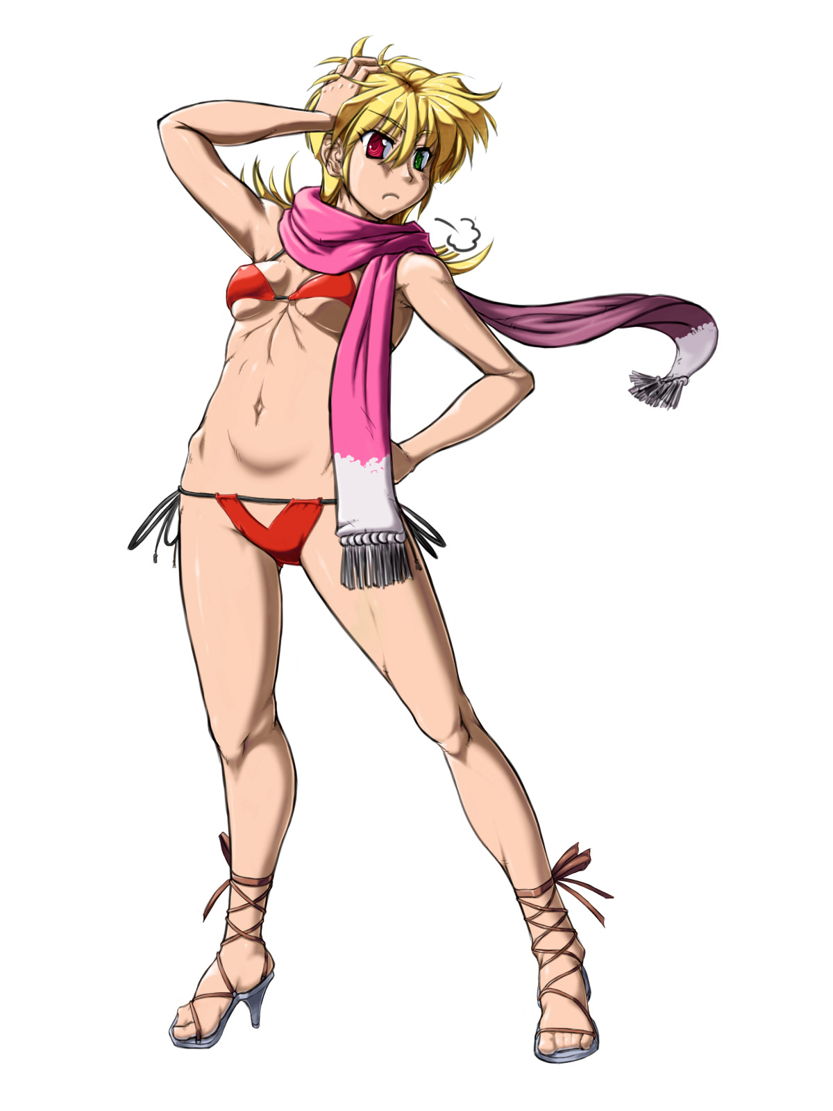 othousand, katina tarask, banpresto, super robot wars, super robot wars original generation, highres, 1girl, ankle lace-up, bikini, blonde hair, breasts, feet, female focus, heterochromia, lace-up heels, legs, long hair, red bikini, sandals, scarf, side-tie bikini bottom, solo, string bikini, swimsuit, underboob, undersized clothes