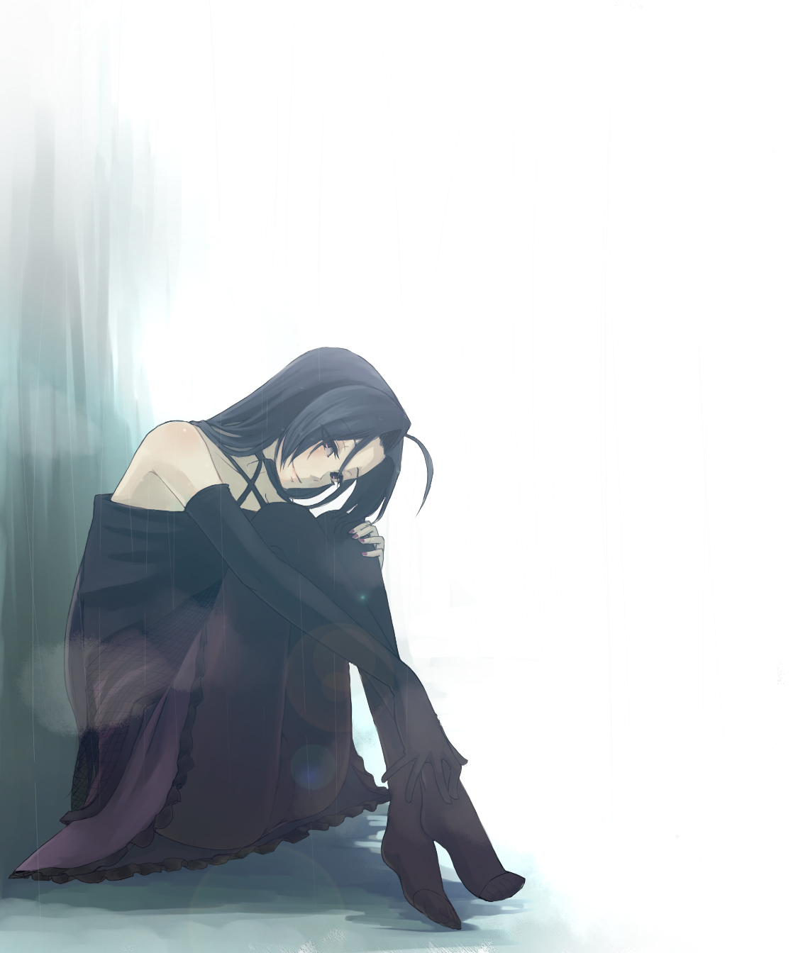 murai shinobu, miura azusa, idolmaster, idolmaster (classic), highres, 00s, 1girl, ahoge, ass, bare shoulders, black dress, black eyes, black hair, dress, elbow gloves, feet, female focus, gloves, hugging own legs, long hair, pantyhose, rain, solo