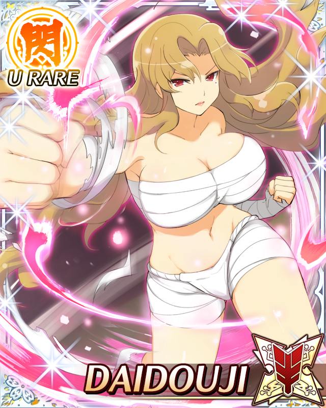 daidouji (senran kagura), senran kagura, senran kagura new wave, game cg, official art, 1girl, arm wrap, aura, blonde hair, border, breasts, budget sarashi, card (medium), character name, cleavage, clenched hands, closed mouth, groin, incoming attack, incoming punch, large breasts, long hair, mole, mole under eye, navel, parted bangs, punching, red eyes, sarashi, solo, wavy mouth