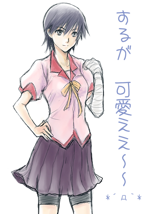 migihidari, kanbaru suruga, bakemonogatari, monogatari (series), bad id, bad pixiv id, translated, 00s, bandages, bike shorts, blue hair, school uniform, short hair, skirt, smile