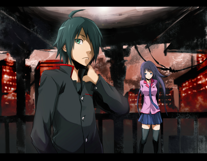 rogunago, araragi koyomi, senjougahara hitagi, bakemonogatari, monogatari (series), bad id, bad pixiv id, 00s, ahoge, long hair, purple hair, school uniform