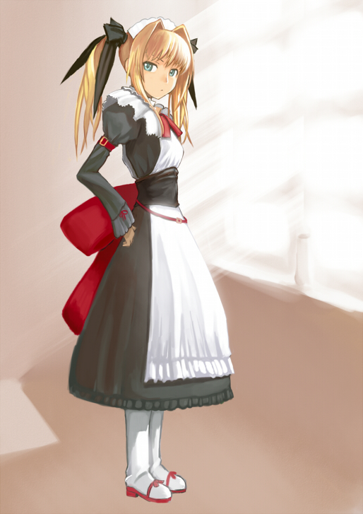 motsu rebaa, blonde hair, boots, brown background, from side, full body, green eyes, hair intakes, long hair, maid, solo, standing, twintails, white boots