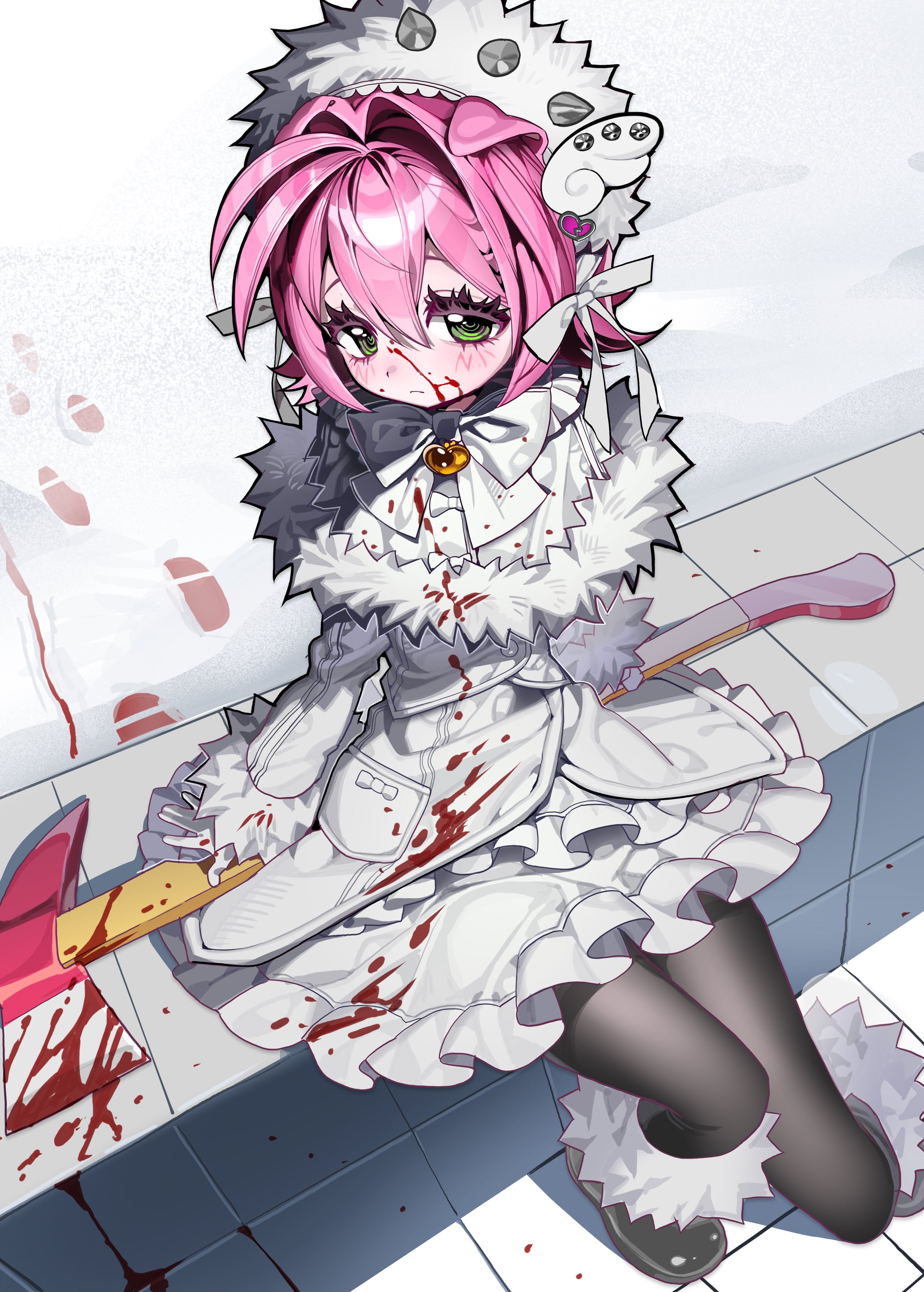scocasr, original, absurdres, highres, 1girl, animal ears, antenna hair, axe, black pantyhose, blood, blood on clothes, blood on face, bloody weapon, bow, bowtie, brooch, capelet, closed mouth, dog ears, dog girl, dress, expressionless, footprints, frilled dress, frills, fur-trimmed capelet, fur-trimmed sleeves, fur trim, gloves, green eyes, hair intakes, heart, heart brooch, holding, holding axe, jewelry, long sleeves, looking at viewer, on railing, pantyhose, pink hair, railing, short hair, sitting, snow, solo, tiles, weapon, white bow, white bowtie, white capelet, white dress, white gloves