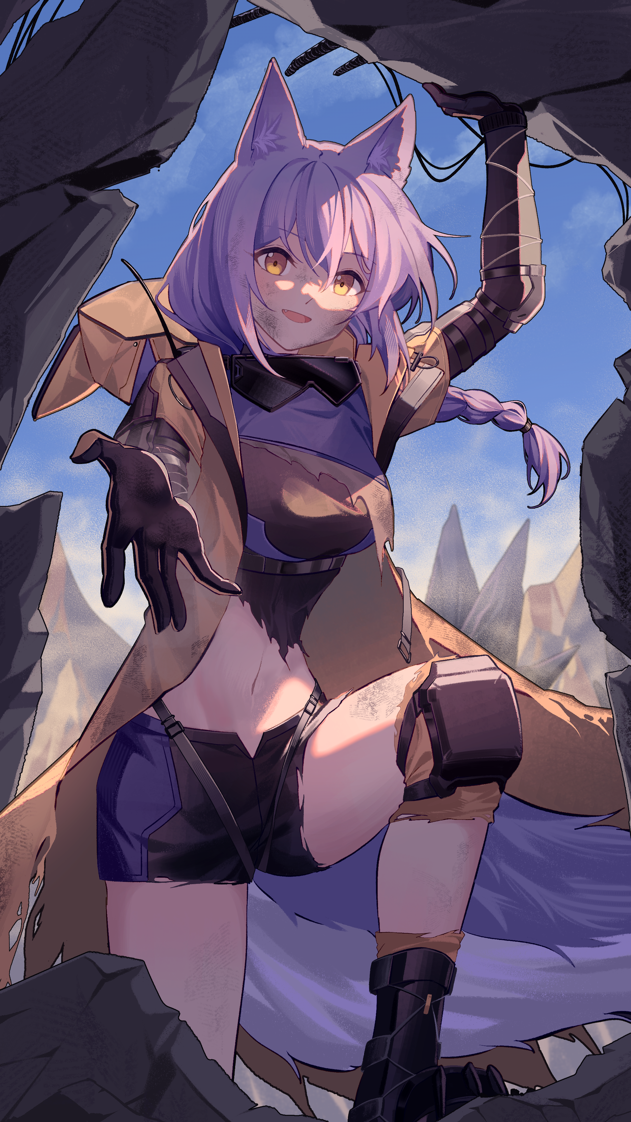 minuo, provence (arknights), provence (wasteland walker) (arknights), arknights, absurdres, chinese commentary, commentary request, highres, 1girl, ahoge, animal ear fluff, animal ears, black shoes, blue sky, braid, breasts, brown cloak, brown gloves, brown shirt, cave, cloak, dirty, dirty face, foot out of frame, gloves, hood, hooded cloak, jacket, knee pads, knee up, looking at viewer, medium breasts, medium hair, mountainous horizon, navel, open mouth, outdoors, purple hair, reaching, reaching towards viewer, shirt, shoes, shorts, sky, smile, solo, stomach, tail, torn cloak, torn clothes, torn shirt, torn shorts, wolf ears, wolf girl, wolf tail, yellow eyes