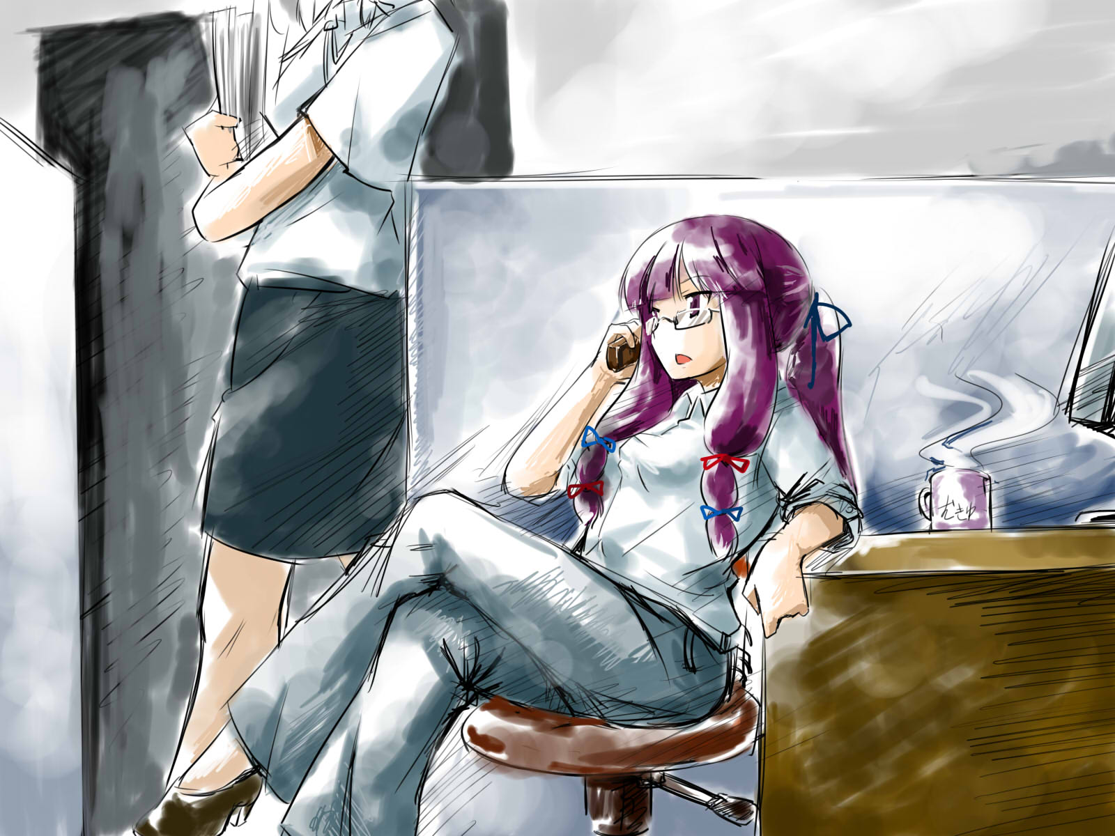 bckong, patchouli knowledge, touhou, bad id, bad pixiv id, highres, 1girl, alternate costume, bespectacled, cellphone, chair, contemporary, crossed legs, cup, dress shirt, female focus, glasses, high heels, mug, mukyuu, office, office lady, on chair, pants, pencil skirt, phone, purple hair, shirt, shoes, sitting, skirt, swivel chair, talking on phone