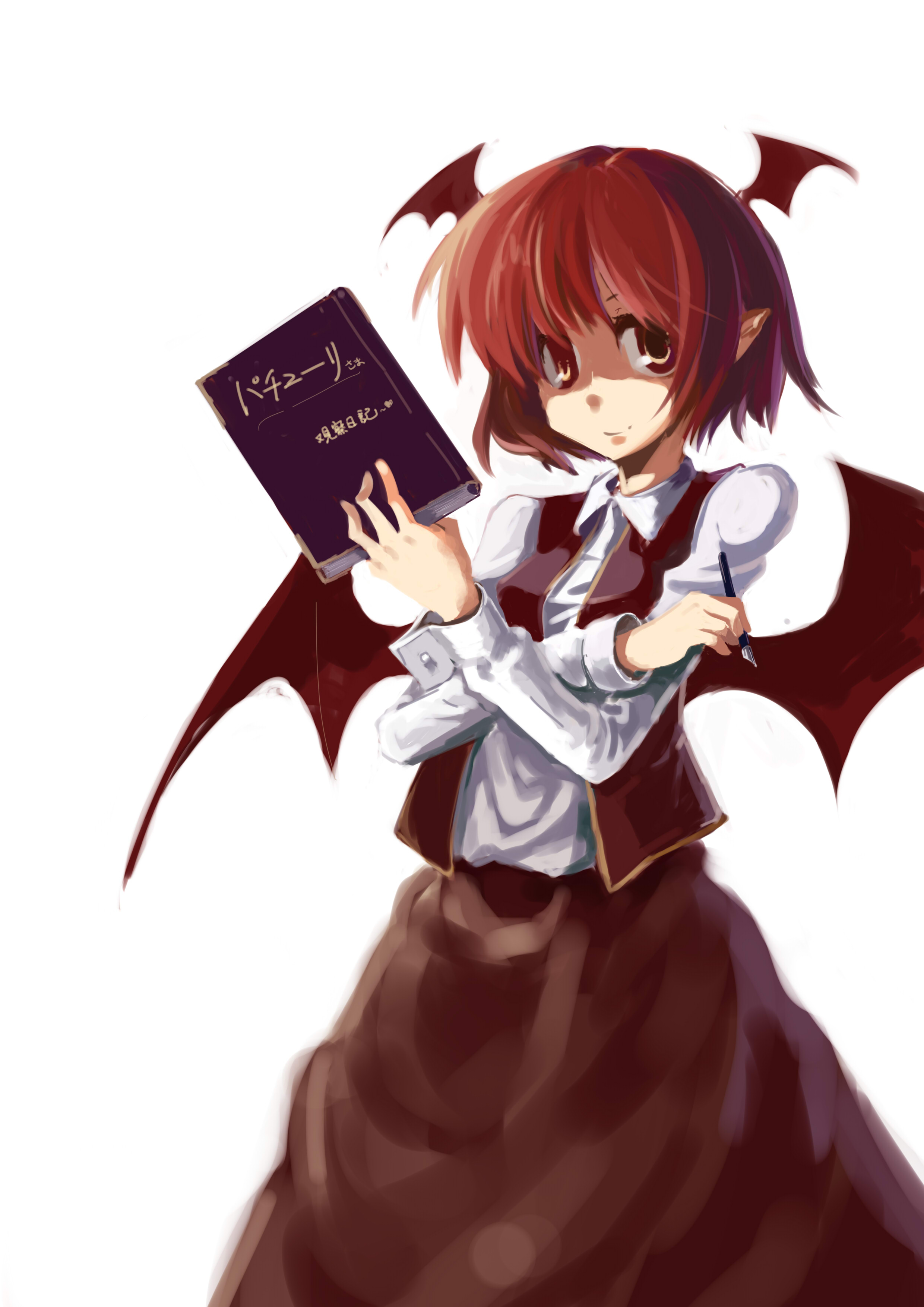bckong, koakuma, embodiment of scarlet devil, touhou, absurdres, bad id, bad pixiv id, highres, 1girl, alternate hairstyle, book, female focus, head wings, pen, simple background, solo, standing, white background, wings