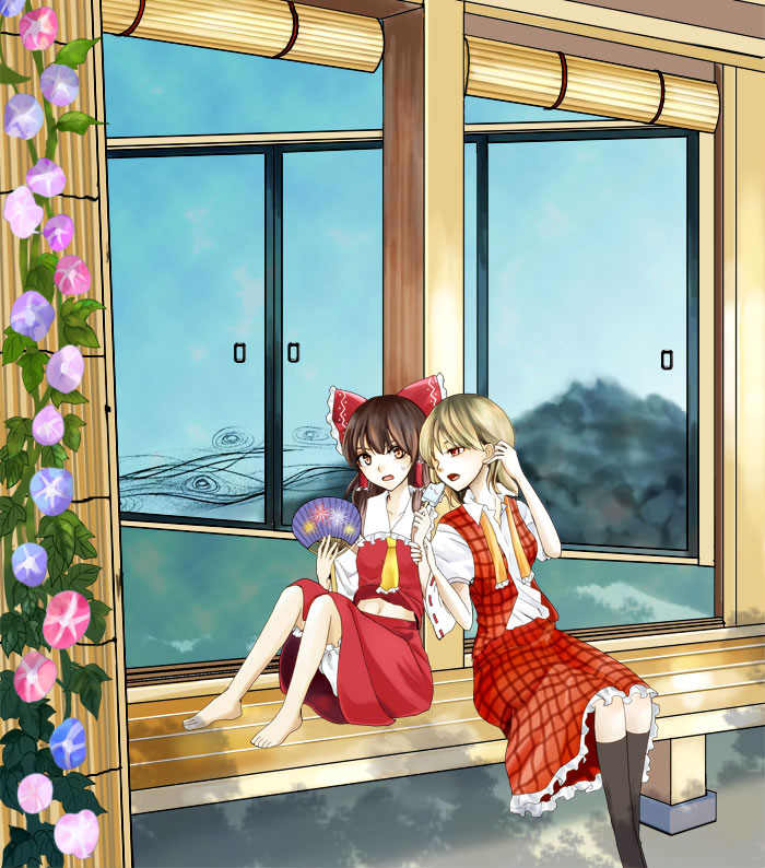 halu-natsu, hakurei reimu, kazami yuuka, touhou, untied, bad id, bad pixiv id, 2girls, :o, adjusting hair, alternate hair color, ascot, barefoot, black hair, black socks, bloomers, bow, breasts, clothes lift, detached sleeves, doorway, feet, female focus, flower, food, frills, fusuma, green hair, grey hair, hair bow, hair tubes, hand fan, holding, holding another's wrist, ice cream, kneehighs, midriff, morning glory, multiple girls, navel, necktie, open clothes, open mouth, open vest, orange eyes, outdoors, paper fan, plaid clothes, plaid skirt, plaid vest, popsicle, porch, red eyes, ribbon trim, shade, shirt, shirt lift, short hair, short sleeves, sitting, skirt, skirt set, slice of life, sliding doors, small breasts, socks, surprised, sweatdrop, tucking hair, uchiwa, underwear, veranda, vest, yuri