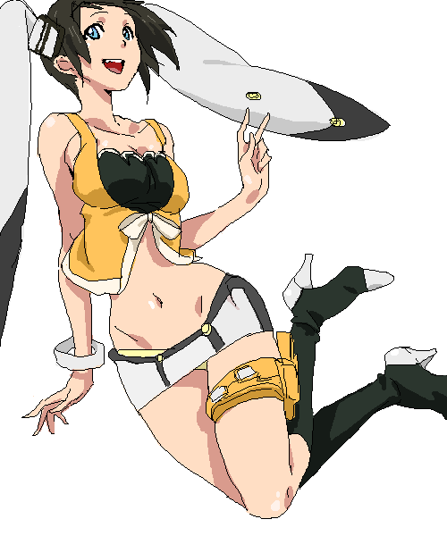 tamura satomi, original, bad id, bad pixiv id, animal ears, black hair, blue eyes, boots, breasts, hip focus, large breasts, legs, midriff, miniskirt, oekaki, rabbit ears, short hair, skirt, solo