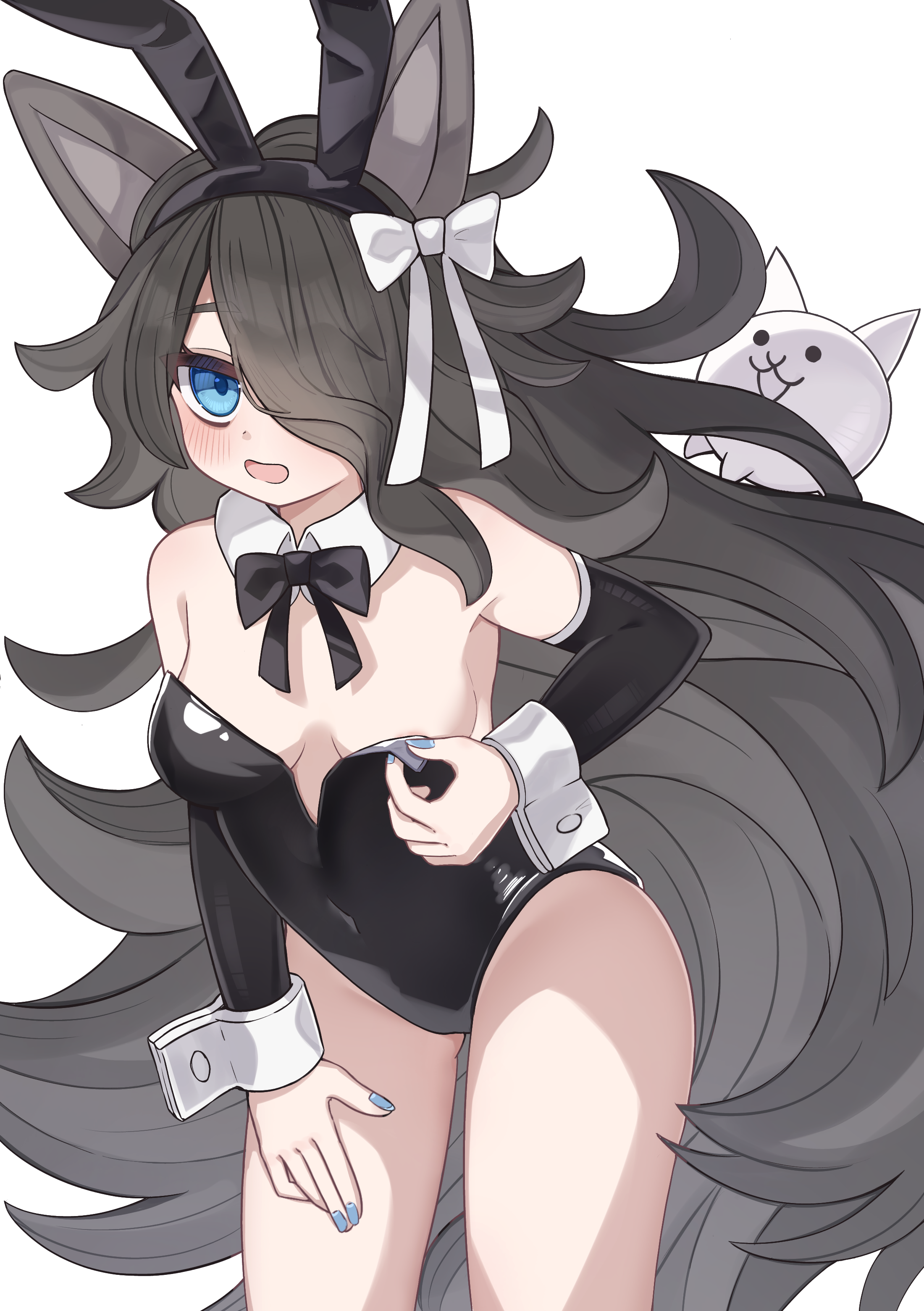 nekopurin (nyanko prin), cat (nyanko daisensou), kasli (nyanko daisensou), nyanko daisensou, absurdres, commentary request, highres, 1girl, animal ears, areola slip, black bow, black bowtie, black hair, black leotard, black sleeves, blue eyes, blue nails, bow, bowtie, breasts, cat ears, cat girl, cowboy shot, detached collar, detached sleeves, fake animal ears, hair over one eye, hand on own thigh, leotard, long hair, looking at viewer, open mouth, playboy bunny, rabbit ears, simple background, solo, very long hair, white background, white bow