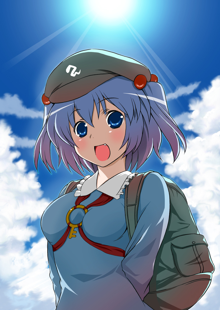 akagiakemi, kawashiro nitori, touhou, 1girl, :d, arms behind back, backpack, bag, blue eyes, blue hair, breasts, cloud, day, dress, fang, female focus, from below, hair bobbles, hair ornament, hat, matching hair/eyes, open mouth, outdoors, randoseru, short hair, sky, smile, solo, sun, twintails, two side up