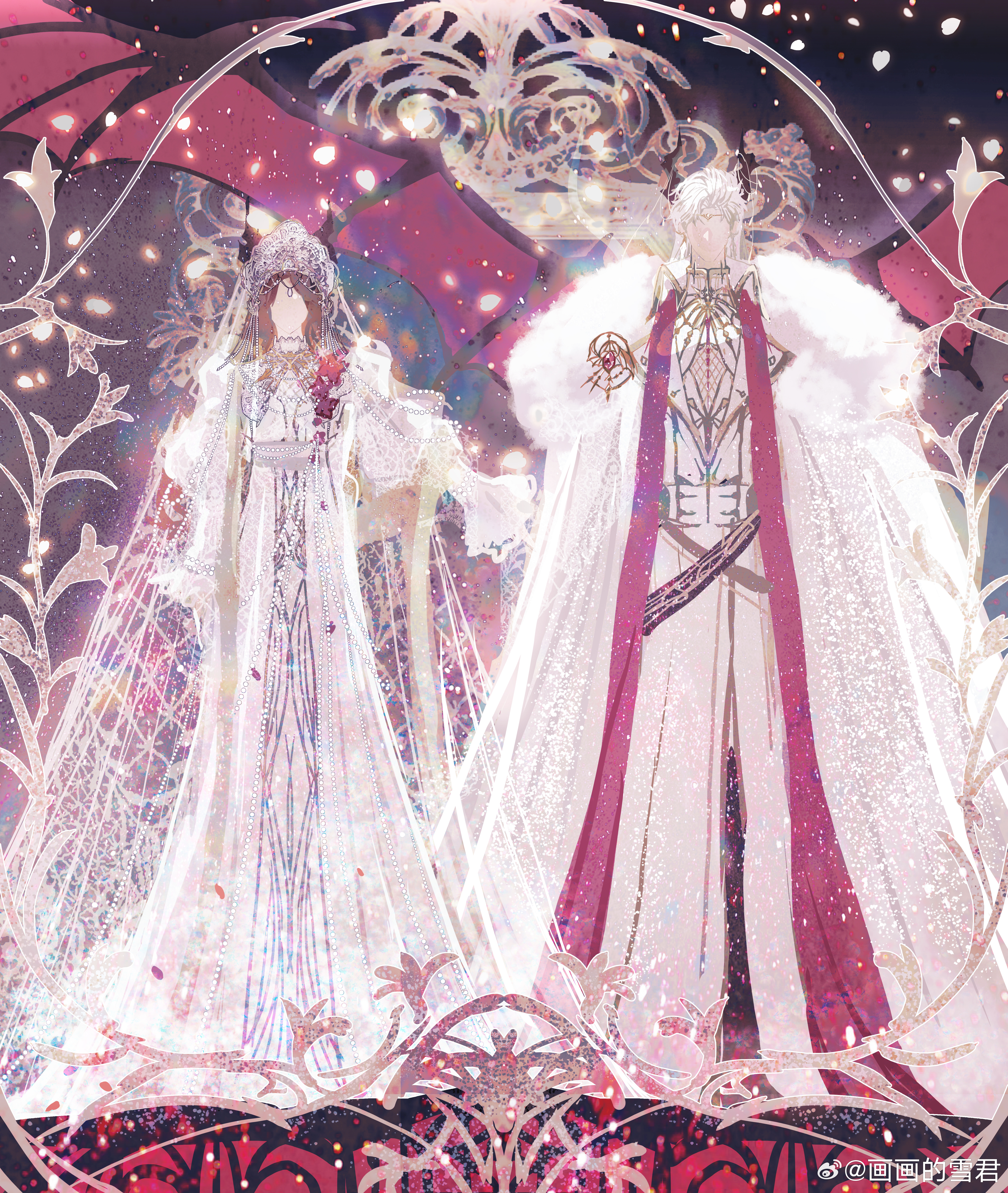 snow234, sylus (love and deepspace), love and deepspace, absurdres, chinese commentary, highres, 1boy, 1girl, belt, black belt, black horns, body chain, border, brooch, brown hair, cape, circlet, coat, collared coat, corsage, cowboy shot, curtained hair, dragon boy, dragon horns, dragon wings, dress, ear covers, empire waist, faceless, faceless female, faceless male, facing viewer, falling petals, fashion, field, flower, flower field, full body, fur-trimmed cape, fur trim, gem, gold trim, gown, head chain, horns, jewelry, juliet sleeves, kokoshnik, lapels, light particles, long coat, long dress, long hair, long sleeves, male focus, neck ribbon, necklace, ornate border, padded shirt, parted bangs, pearl (gemstone), pearl necklace, petals, puffy sleeves, red flower, red gemstone, red ribbon, red scarf, red wings, ribbon, scarf, see-through clothes, see-through veil, shirt, shoulder necklace, side-by-side, sideways glance, smile, solo, standing, stole, straight-on, veil, vest, watermark, weibo watermark, white cape, white coat, white dress, white hair, white shirt, white veil, white vest, wing brooch, wings, yellow scarf