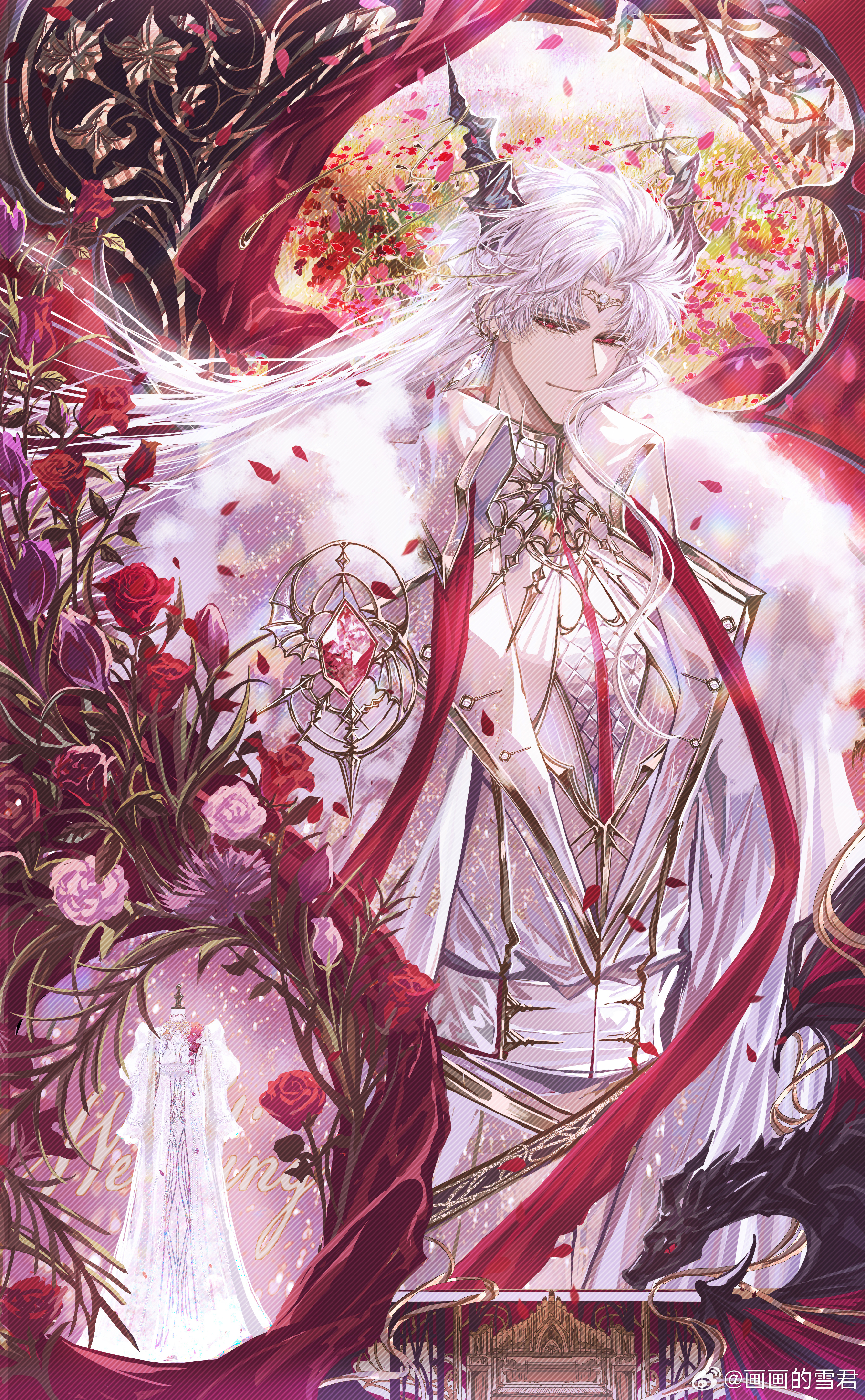 snow234, sylus (love and deepspace), love and deepspace, absurdres, chinese commentary, highres, 1boy, belt, black belt, black horns, border, brooch, cape, circlet, closed mouth, coat, collared coat, corsage, cowboy shot, curtained hair, dragon, dragon boy, dragon horns, dragon wings, dress, ear covers, empire waist, fabric, falling petals, field, flower, flower field, fur-trimmed cape, fur trim, gem, gold trim, gown, horns, jewelry, juliet sleeves, lapels, long dress, long hair, long sleeves, looking at viewer, male focus, mannequin, neck ribbon, ornate border, padded shirt, parted bangs, pearl (gemstone), petals, pink flower, pink rose, puffy sleeves, purple flower, red eyes, red flower, red gemstone, red ribbon, red rose, red scarf, red wings, ribbon, rose, scarf, shirt, sideways glance, smile, solo, standing, stole, thistle, unworn dress, vest, watermark, weibo watermark, white cape, white coat, white dress, white hair, white shirt, white vest, wing brooch, wings