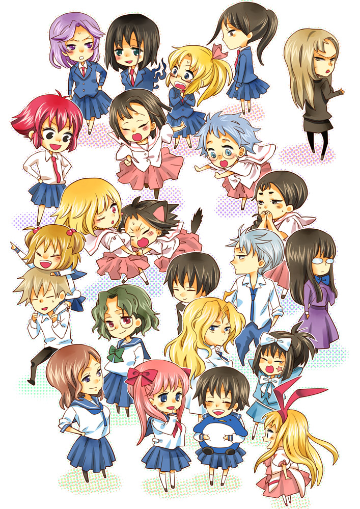 inoo, amae koromo, bundou seika, etopen, fukabori sumiyo, fukuji mihoko, hagiyoshi, haramura nodoka, ikeda kana, inoue jun, kajiki yumi, kanbara satomi, kataoka yuuki, kubo takako, kunihiro hajime, miyanaga saki, ryuumonbuchi touka, sawamura tomoki, senoo kaori, someya mako, suga kyoutarou, takei hisa, touyoko momoko, tsuyama mutsuki, yoshitome miharu, saki (manga), bad id, bad pixiv id, 00s, 6+girls, animal ears, black eyes, black hair, blonde hair, blue eyes, blue hair, bow, chibi, closed eyes, everyone, glasses, green hair, hair bobbles, hair bow, hair ornament, multiple girls, necktie, one eye closed, orange hair, pantyhose, pink hair, ponytail, purple eyes, rabbit ears, red eyes, red hair, school uniform, serafuku, skirt, thighhighs, wink
