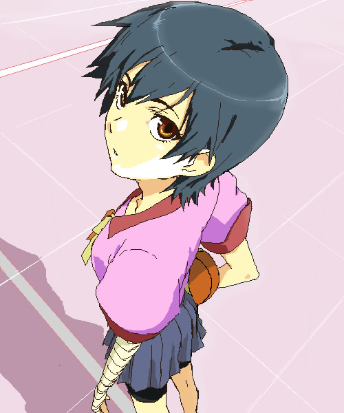 tamura satomi, kanbaru suruga, bakemonogatari, monogatari (series), bad id, bad pixiv id, 00s, ball, bandages, basketball, basketball (object), black hair, brown eyes, looking back, oekaki, school uniform, short hair, skirt, solo