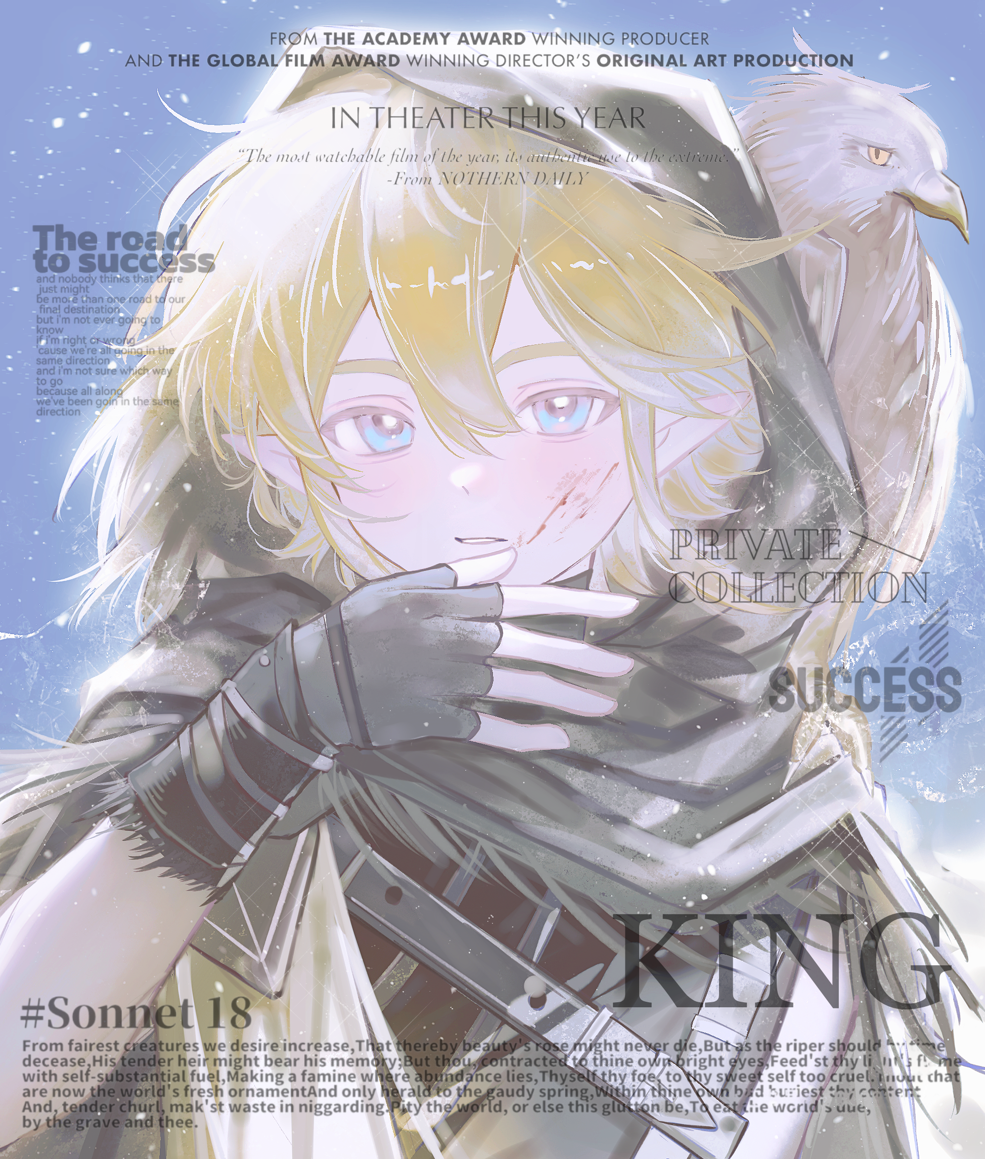 plutoray, king (aotu world), aotu world, chinese commentary, highres, 1boy, alternate costume, animal, animal on shoulder, belt, bird, bird on shoulder, black belt, black cloak, black gloves, black scarf, blonde hair, blood, blood on face, blue eyes, blush, character name, cloak, english text, fingerless gloves, gloves, hair between eyes, hand up, hood, hood up, hooded cloak, injury, looking at viewer, male focus, parted lips, pointy ears, scarf, short hair, snow, snowing, solo, upper body, watermark