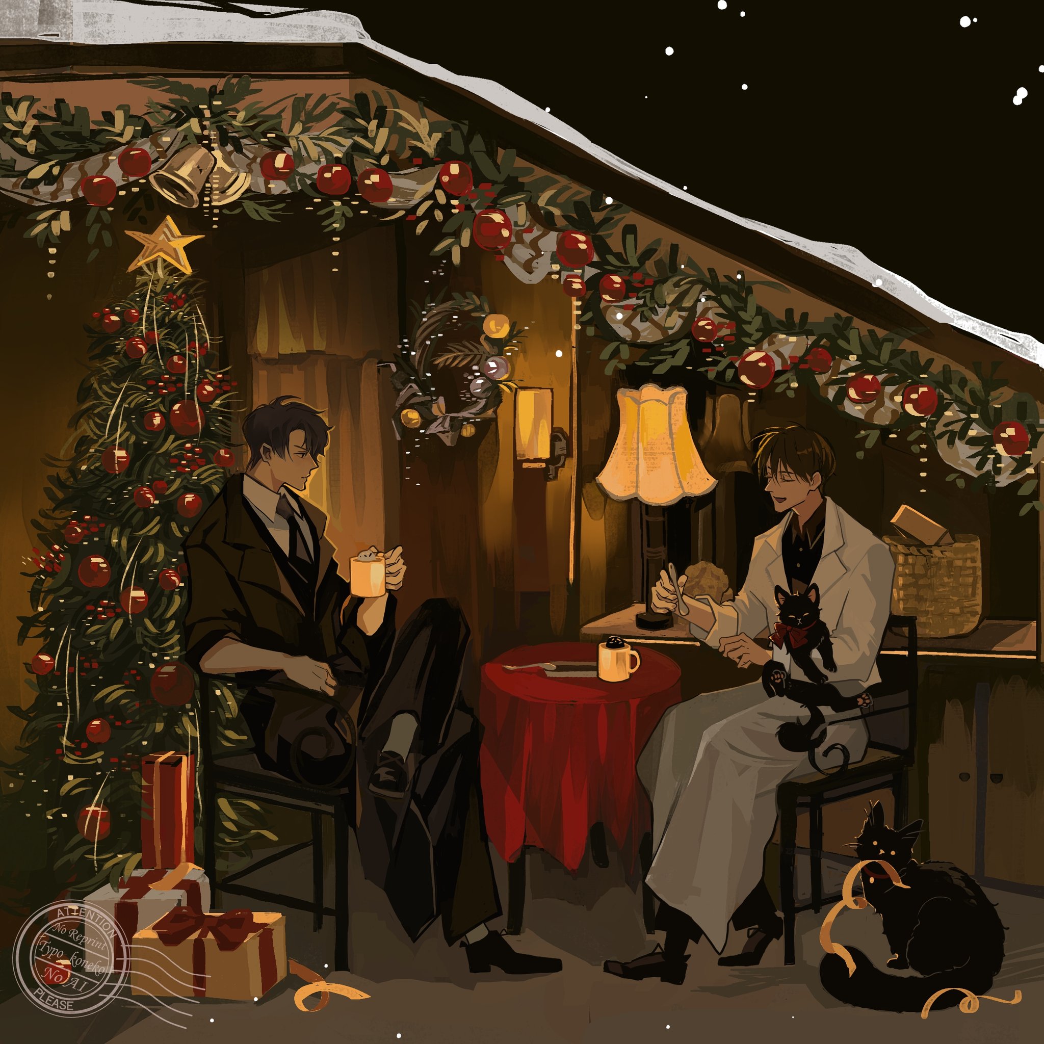 typo koneko, kim dokja, yoo joonghyuk, omniscient reader's viewpoint, highres, 2boys, animal, basket, bell, black cat, black coat, black eyes, black hair, black necktie, black shirt, cat, chair, christmas tree, coat, collared shirt, crossed legs, cup, full body, gift, holding, holding animal, male focus, multiple boys, necktie, shirt, short hair, sitting, table, white coat, white shirt