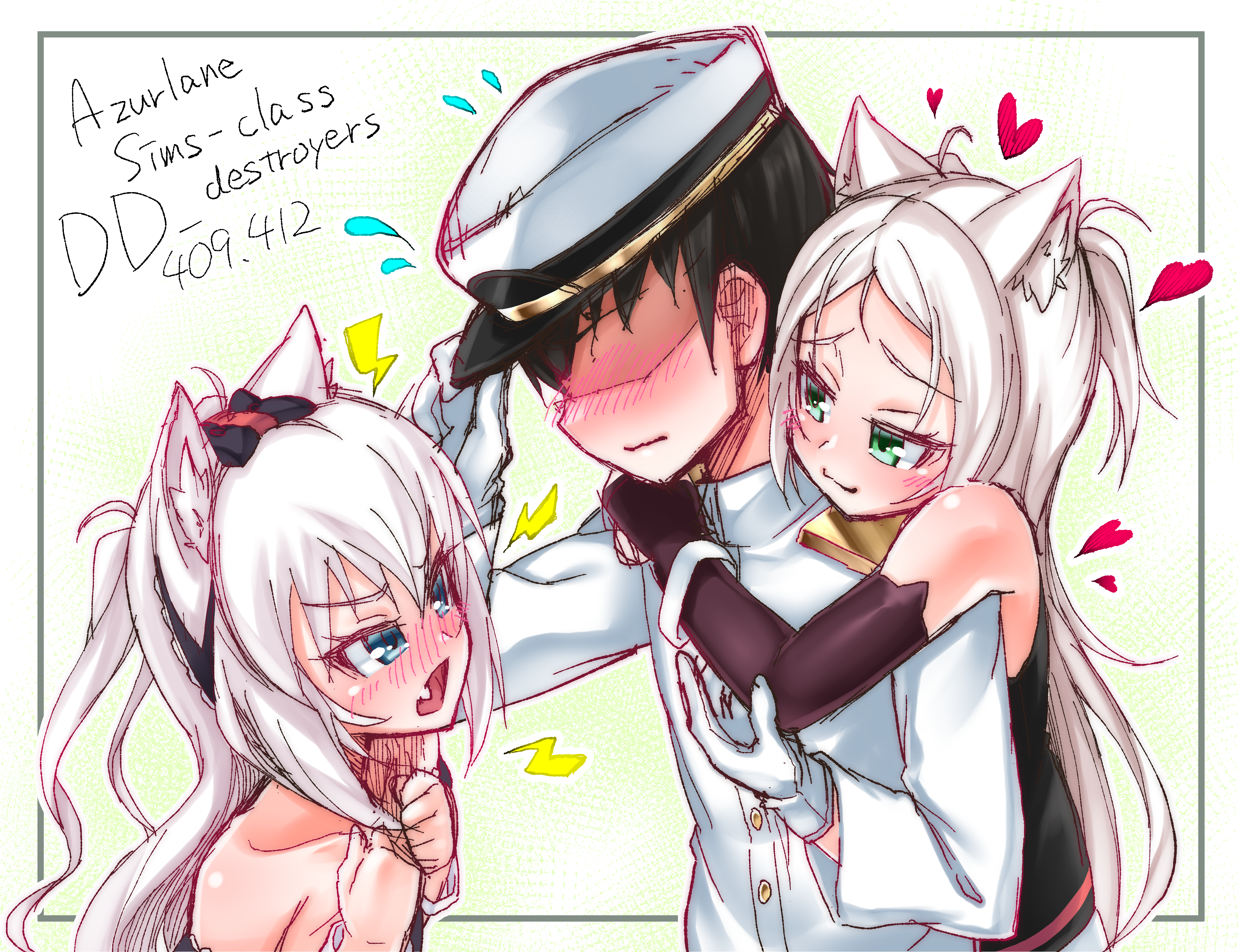 kirisame mia, commander (azur lane), hammann (azur lane), sims (azur lane), azur lane, absurdres, highres, 1boy, 2girls, :3, animal ear fluff, animal ears, aqua eyes, black gloves, black hair, blush, closed mouth, faceless, faceless male, fang, flying sweatdrops, gloves, green eyes, hat, heart, hug, hug from behind, long hair, military uniform, multiple girls, naval uniform, parted lips, peaked cap, siblings, sisters, smug, white gloves, white hair, white hat