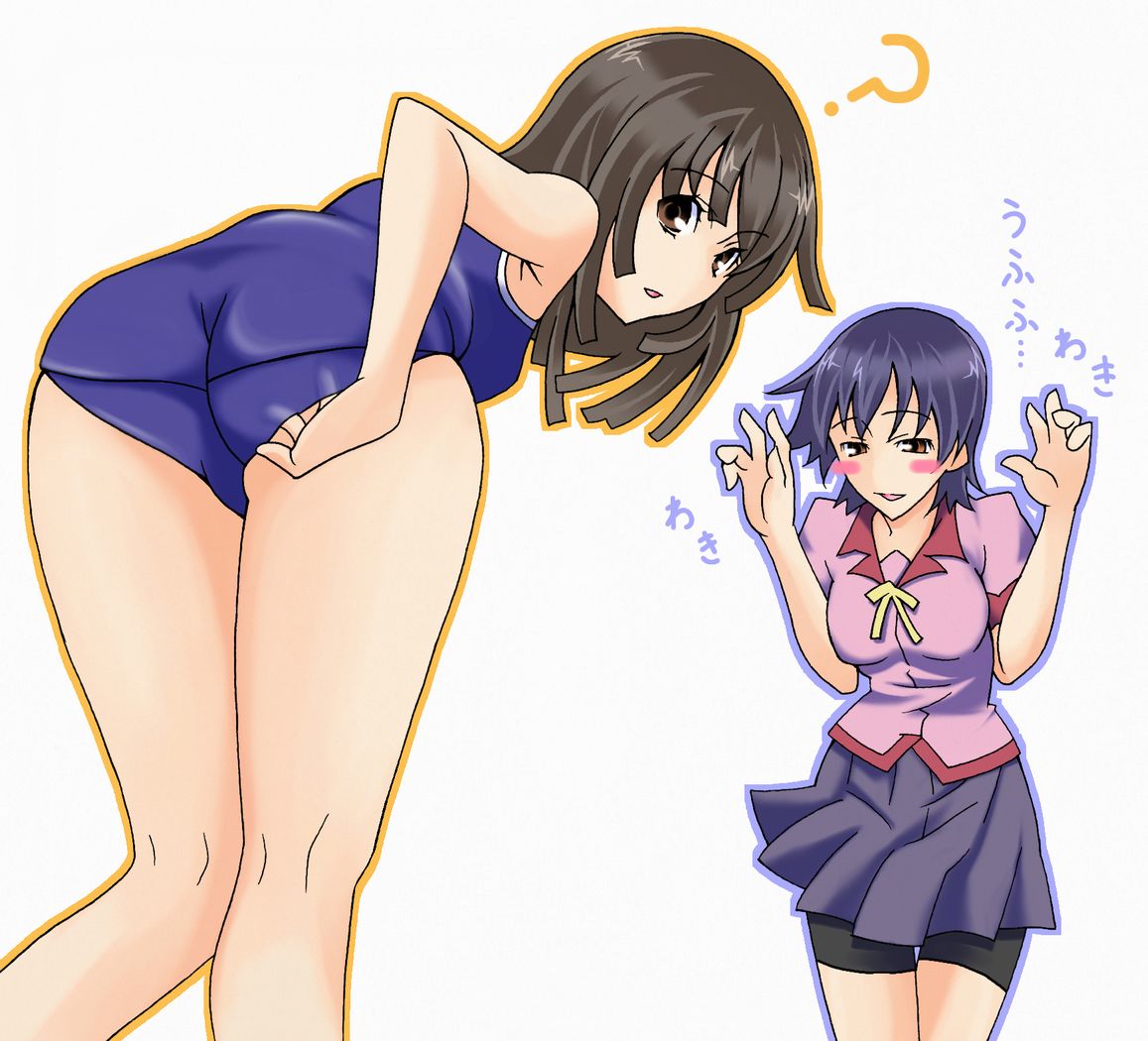 touryou, kanbaru suruga, sengoku nadeko, bakemonogatari, monogatari (series), 00s, 2girls, ?, adjusting clothes, adjusting swimsuit, ass, bike shorts, blush, blush stickers, multiple girls, one-piece swimsuit, school swimsuit, school uniform, short hair, simple background, swimsuit, trefoil, you gonna get raped