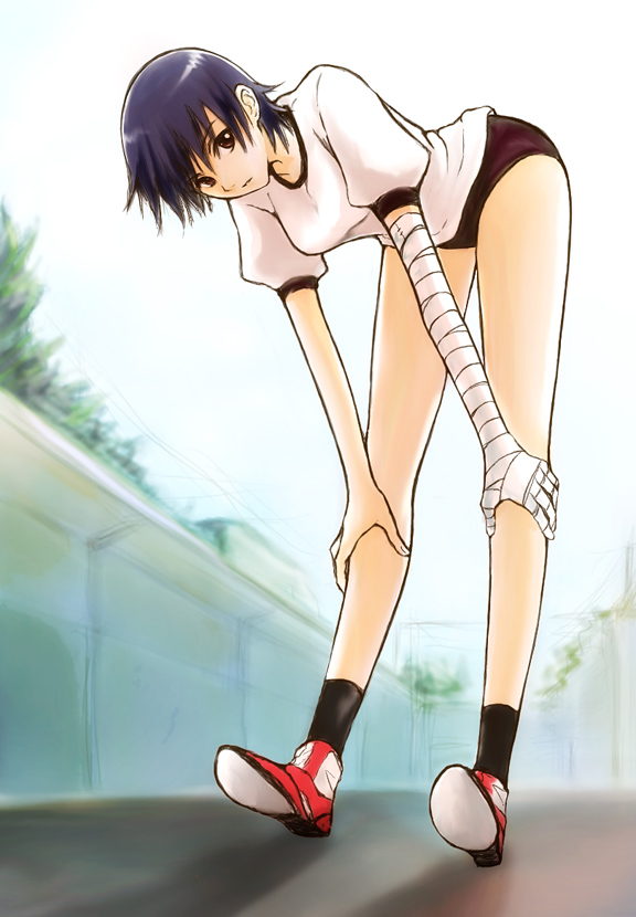 migihidari, kanbaru suruga, bakemonogatari, monogatari (series), bad id, bad pixiv id, 00s, bandages, buruma, gym uniform, short hair, solo