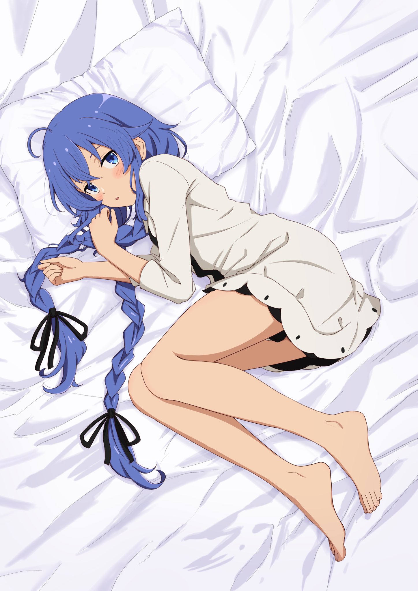 yaken (11keionnota06), roxy migurdia, mushoku tensei, commentary request, highres, 1girl, :o, ahoge, anime coloring, barefoot, bed sheet, black ribbon, blue eyes, blue hair, blush, braid, dress, feet, full body, hair ribbon, legs, long braid, long hair, long sleeves, looking at viewer, lying, on side, pillow, ribbon, solo, toes, twin braids, white dress