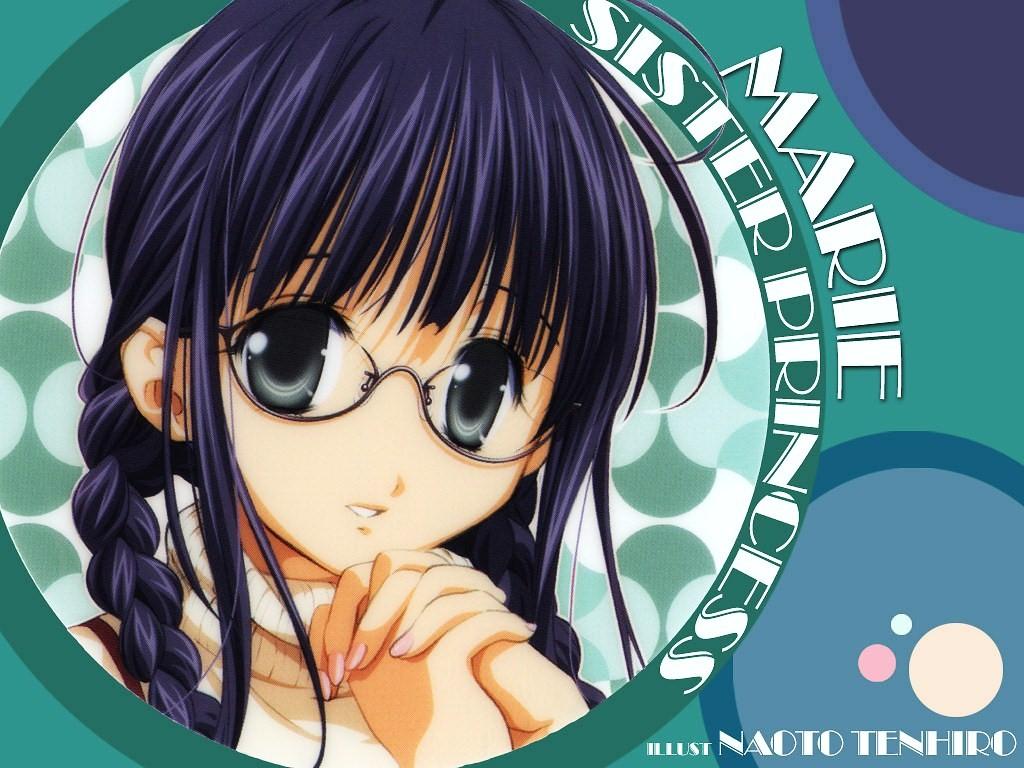 tenhiro naoto, marie (sister princess), sister princess, 00s, 1girl, black hair, braid, character name, copyright name, female focus, glasses, nail polish, own hands clasped, own hands together, pink nails, solo