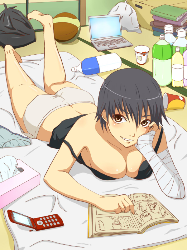 toki (tokihakashi), araragi koyomi, kanbaru suruga, oshino meme, bakemonogatari, monogatari (series), 00s, 1girl, arm wrap, ass, bandages, barefoot, book, breasts, butt crack, cellphone, cleavage, computer, computer keyboard, dolphin shorts, female focus, flip phone, laptop, large breasts, looking at viewer, lying, micro shorts, on stomach, perspective, phone, short hair, shorts, smile, solo, strap slip, tissue, tomboy