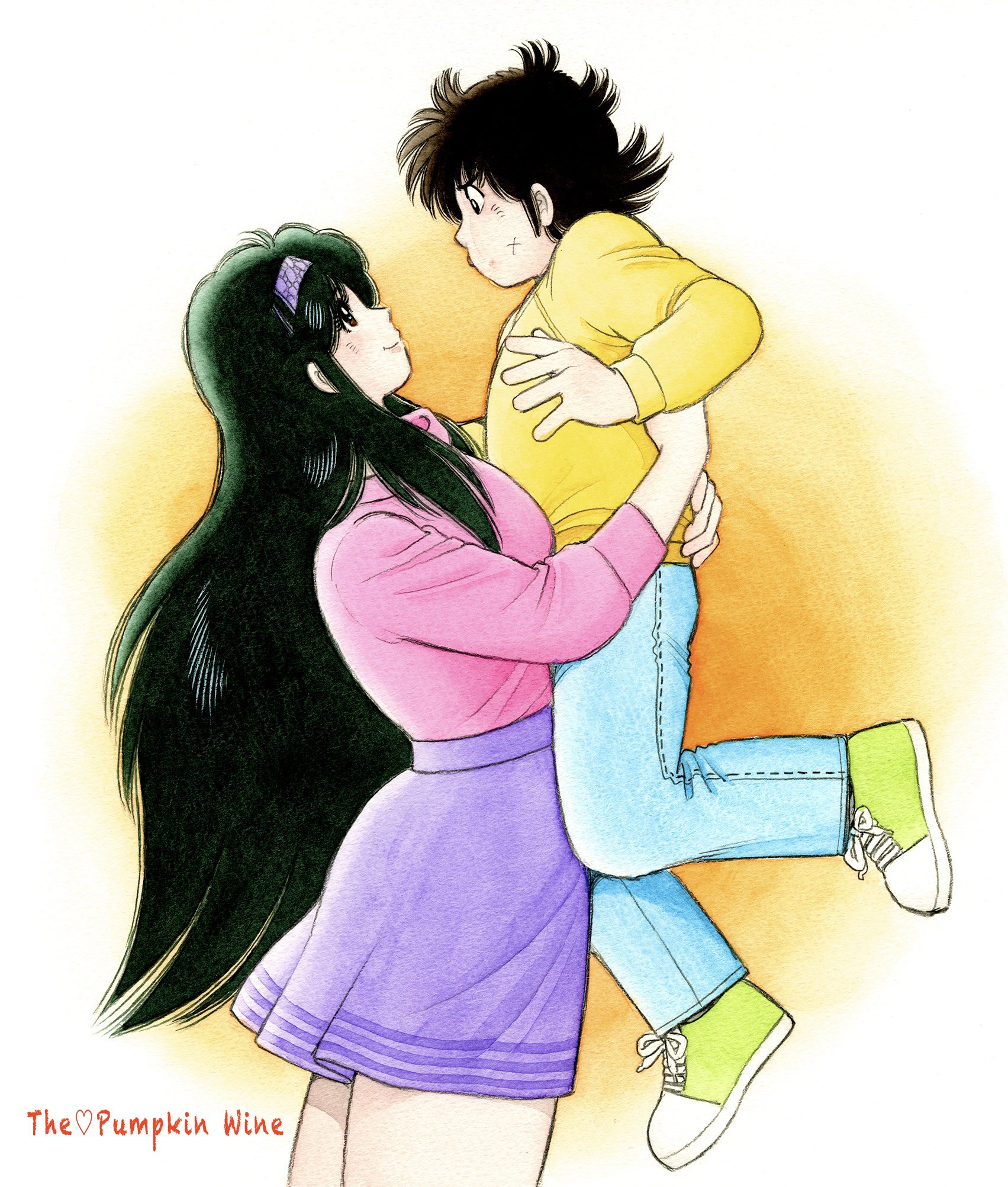 miura mitsuru, asaoka natsumi, the kabocha wine, commentary request, highres, 1boy, 1girl, aoba shunsuke, black eyes, black hair, blue pants, brown eyes, carrying, carrying person, closed mouth, copyright name, cowboy shot, eye contact, green shoes, hairband, height difference, long hair, looking at another, looking up, miniskirt, official artist extra, pants, pink sweater, purple hairband, purple skirt, shoes, short hair, skirt, smile, sneakers, standing, sweater, tall female, turtleneck, turtleneck sweater, very long hair, yellow sweater