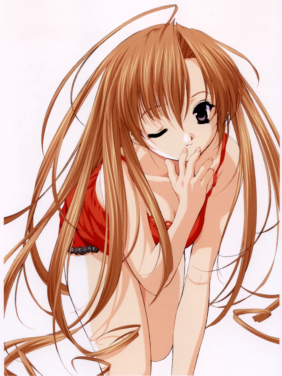 tenhiro naoto, sakuya (sister princess), sister princess, highres, 00s, 1girl, ahoge, arm support, bent over, breasts, brown hair, cleavage, female focus, gradient background, kneeling, long hair, medium breasts, one eye closed, orange hair, purple eyes, smile, solo, very long hair, white background, wink