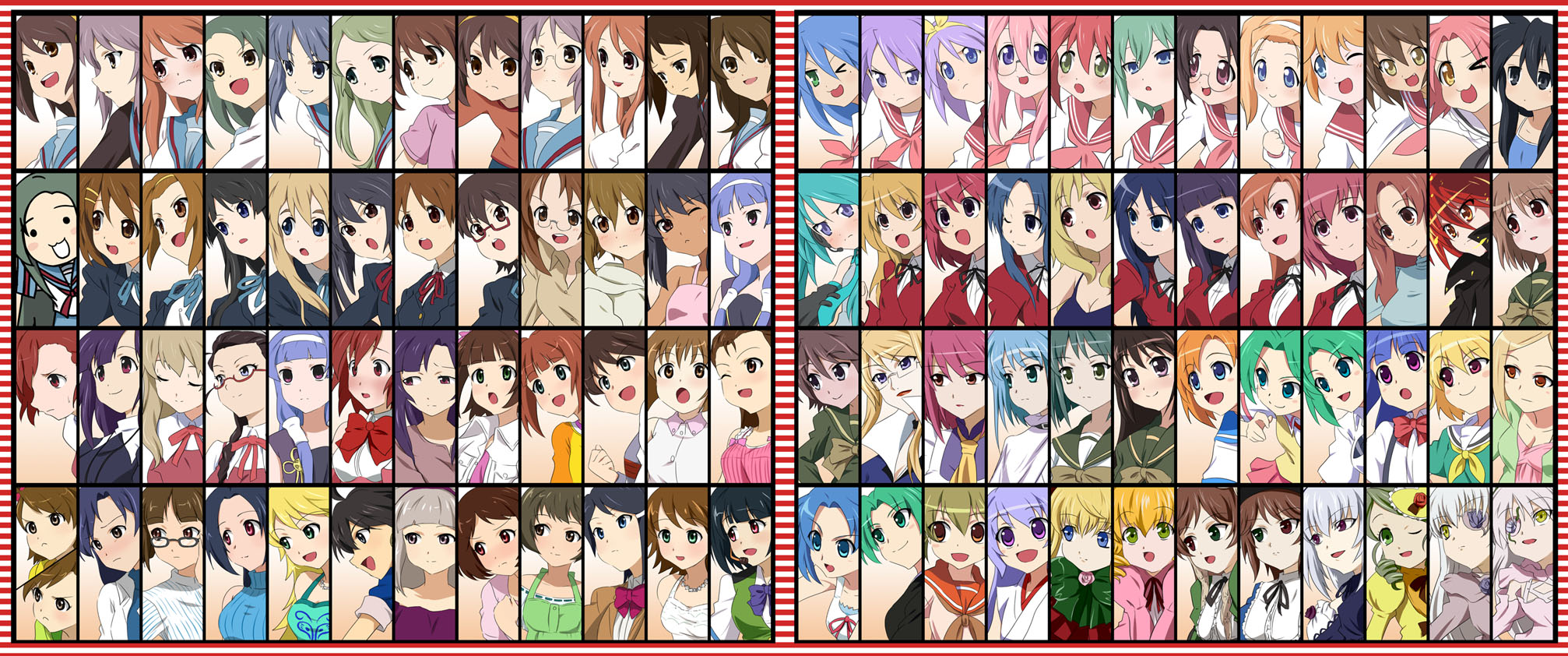 ikari manatsu, aisaka taiga, akiyama mio, akizuki ritsuko, akizuki ryo, amami haruka, aoba tsugumi, asahina mikuru, asahina mikuru (adult), asakura ryoko, awakened miki, barasuishou, churuya, furude rika, futami ami, futami mami, ganaha hibiki, hagiwara yukiho, hanyuu, hatsune miku, hecate (shakugan no shana), hidaka ai, hiiragi kagami, hiiragi tsukasa, hinaichigo, hirai yukari, hirasawa ui, hirasawa yui, hoshii miki, houjou satoko, iwasaki minami, izumi konata, kanaria, kanou sakura, kanou sumire, kashii nanako, kawashima ami, kihara maya, kikuchi makoto, kimidori emiri, kimiyoshi natsumi, kimura takako, kirakishou, kisaragi chihaya, kobayakawa yutaka, kogami akira, koigakubo yuri, koizumi itsuki (female), konoe fumina, kotobuki tsumugi, kurokona, kusakabe misao, kushieda minori, kyon no imouto, kyonko, manabe nodoka, margery daw, minase iori, minegishi ayano, miura azusa, mizutani eri, nagato yuki, nagi, nakano azusa, ogata matake, ookouchi shino, otonashi kotori, patricia martin, ryuuguu rena, shana, shijou takane, shinku, sonozaki akane, sonozaki mion, sonozaki shion, souseiseki, suigintou, suiseiseki, suzumiya haruhi, suzumiya haruhi (young), suzushiro hakua, tainaka ritsu, takano miyo, takara miyuki, takasu yasuko, takatsuki yayoi, tamura hiyori, tsuruya, wilhelmina carmel, yamanaka sawako, yoshida kazumi, zange, higurashi no naku koro ni, idolmaster, idolmaster (classic), idolmaster dearly stars, k-on!, kannagi, lucky star, rozen maiden, shakugan no shana, suzumiya haruhi no yuuutsu, toradora!, vocaloid, silver hair, annotated, bad id, bad pixiv id, character request, gender request, highres, 6+girls, aged down, aged up, angry, black hair, blonde hair, blue eyes, blue hair, blush, brown hair, character select, closed eyes, column lineup, cosplay, embarrassed, eyepatch, fang, genderswap, glasses, green eyes, green hair, grid lineup, hatsune miku (cosplay), multiple girls, one eye closed, orange hair, pink hair, purple eyes, purple hair, red eyes, red hair, ribbon, siblings, sisters, tan, twins, wink