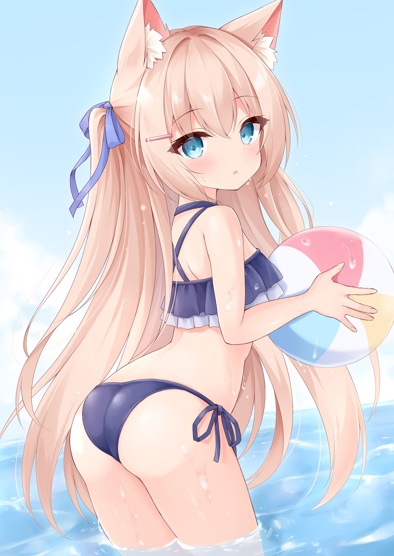 mochizuki riku, original, commentary request, highres, 1girl, animal ear fluff, animal ears, ass, ball, beachball, bikini, blue eyes, cat ears, hair ornament, hairclip, long hair, outdoors, side-tie bikini bottom, solo, swimsuit, wading