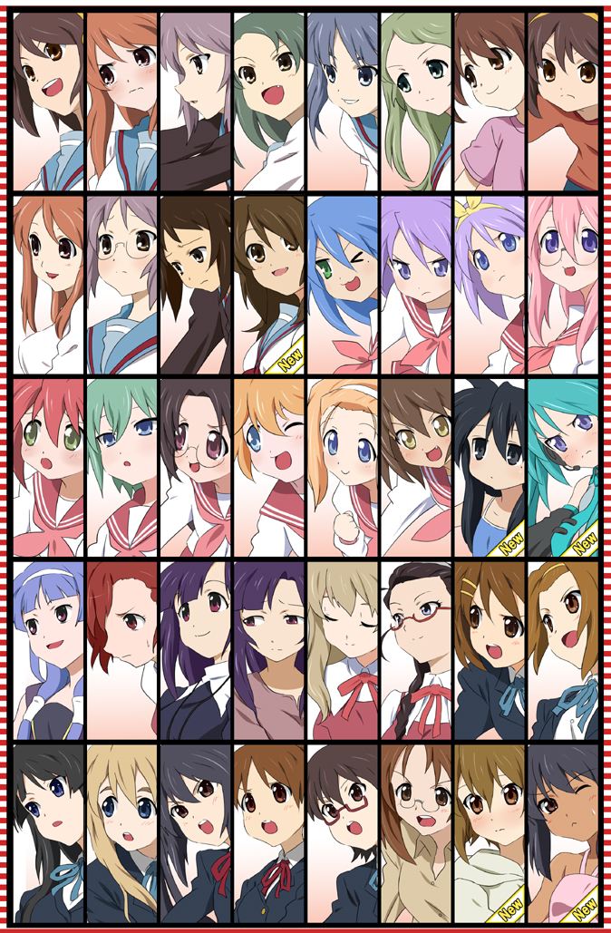 ikari manatsu, akiyama mio, aoba tsugumi, asahina mikuru, asahina mikuru (adult), asakura ryoko, hatsune miku, hiiragi kagami, hiiragi tsukasa, hirasawa susumu, hirasawa ui, hirasawa yui, iwasaki minami, izumi konata, kimidori emiri, kimura takako, kobayakawa yutaka, koizumi itsuki (female), kotobuki tsumugi, kurokona, kusakabe misao, kyon no imouto, kyonko, manabe nodoka, minegishi ayano, nagato yuki, nagi, nakano azusa, ookouchi shino, patricia martin, suzumiya haruhi, suzumiya haruhi (young), suzushiro hakua, tainaka ritsu, takara miyuki, tamura hiyori, tsuruya, yamanaka sawako, zange, k-on!, kannagi, lucky star, suzumiya haruhi no yuuutsu, vocaloid, revision, 6+girls, aged down, aged up, character select, column lineup, cosplay, dual persona, genderswap, genderswap (mtf), grid lineup, hatsune miku (cosplay), multiple girls, siblings, sisters, twins