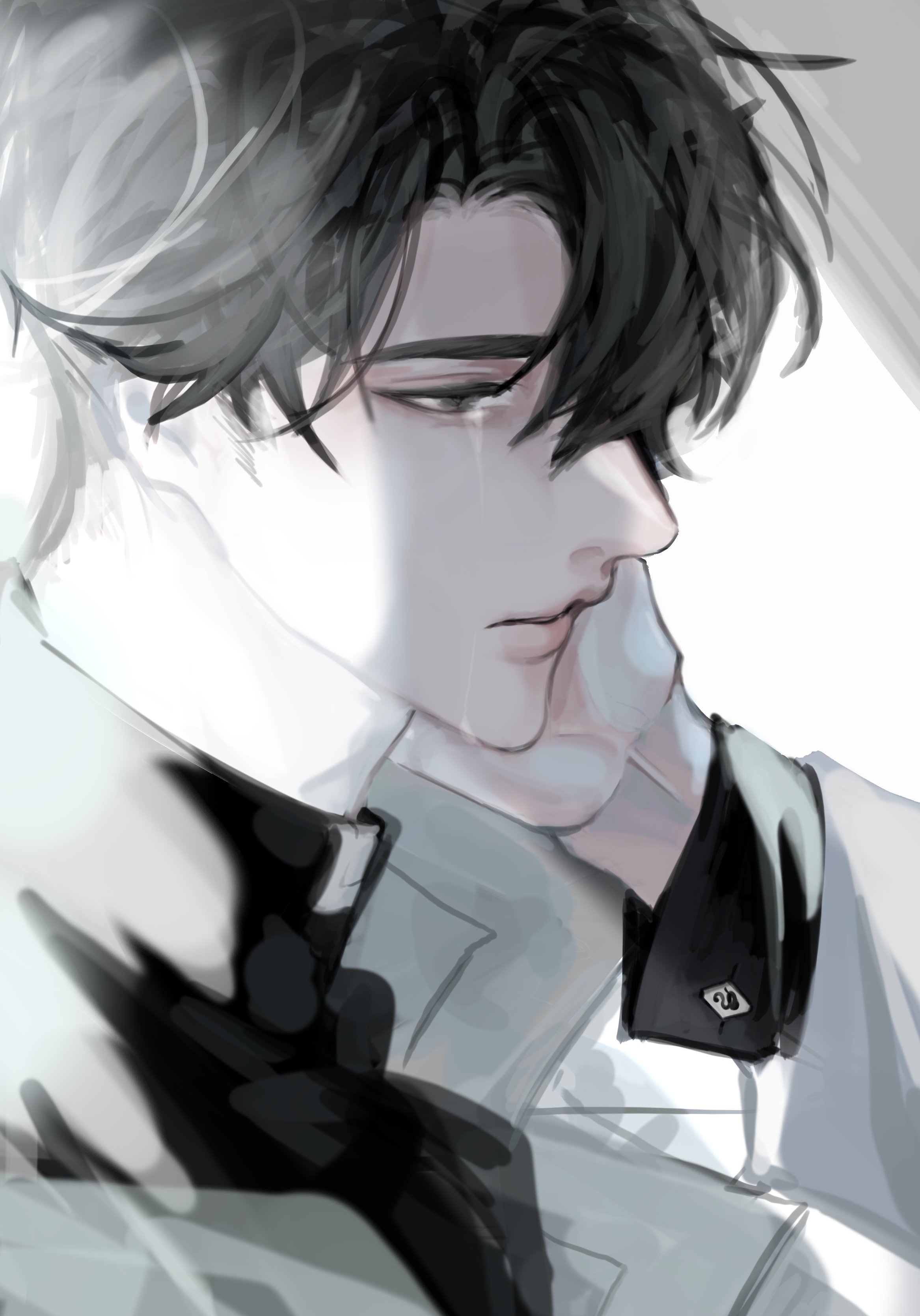 hayu beck, secretive plotter, yoo joonghyuk, omniscient reader's viewpoint, absurdres, commentary request, highres, korean commentary, 1boy, backlighting, belt collar, black eyes, black hair, black shirt, collar, crying, crying with eyes open, expressionless, hand on own face, hand up, long sleeves, male focus, popped collar, shirt, short hair, solo, tears, upper body, white collar