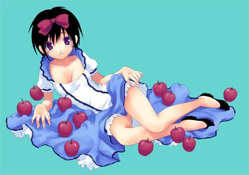 korita, lowres, 1girl, apple, black hair, blush, breasts, cleavage, dress, female focus, food, fruit, hair ribbon, legs, lying, medium breasts, purple eyes, ribbon, short hair, solo