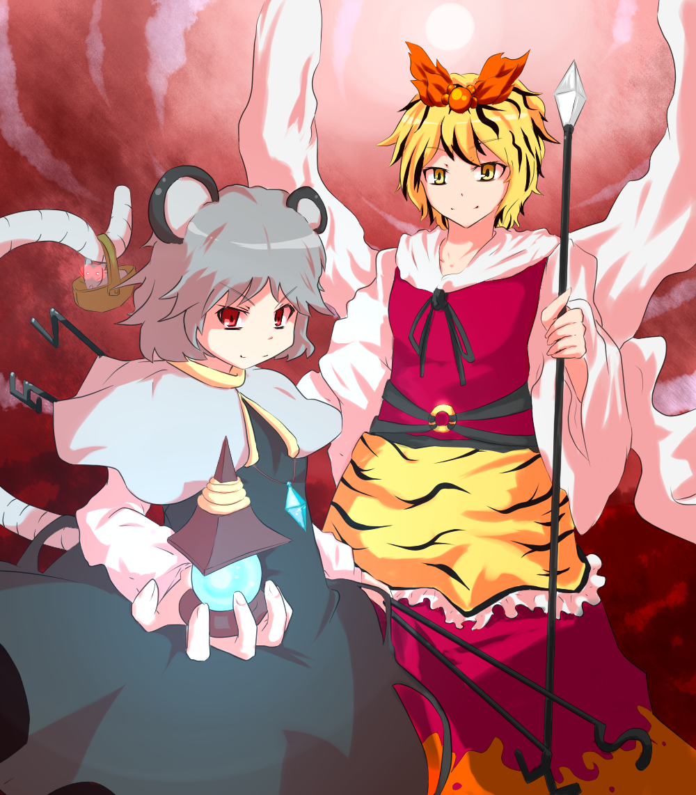 aho, nazrin, toramaru shou, touhou, 2girls, animal ears, basket, bishamonten's pagoda, female focus, hair ornament, jewelry, mouse (animal), mouse ears, mouse tail, multicolored hair, multiple girls, necklace, shawl, tail