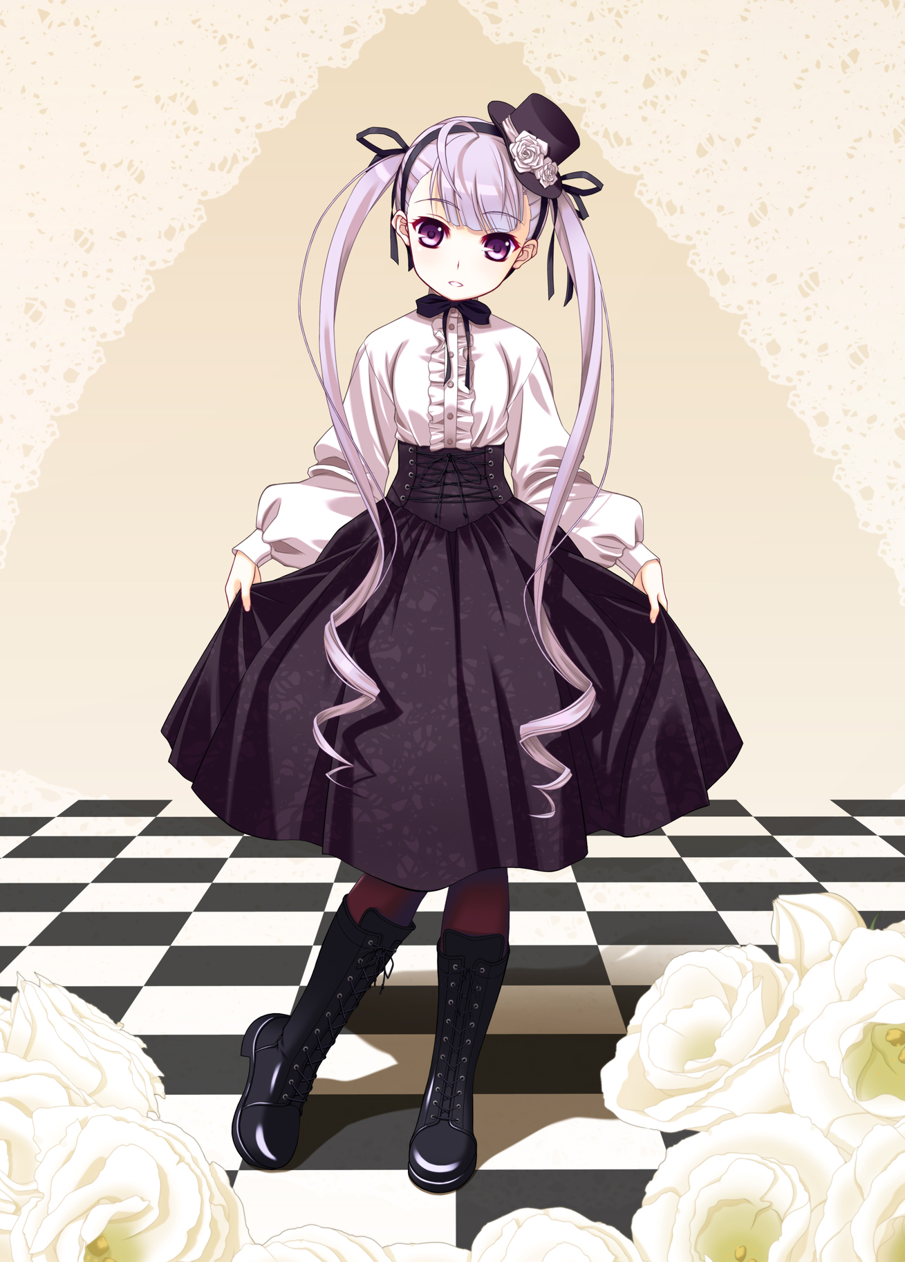 hatuka, yda, busou shinki, silver hair, highres, 10s, 1girl, boots, checkered floor, corset, curtsey, dress, female focus, flower, gothic lolita, hat, lolita fashion, mini hat, mini top hat, pantyhose, purple eyes, purple hair, ribbon, skirt hold, solo, top hat, twintails