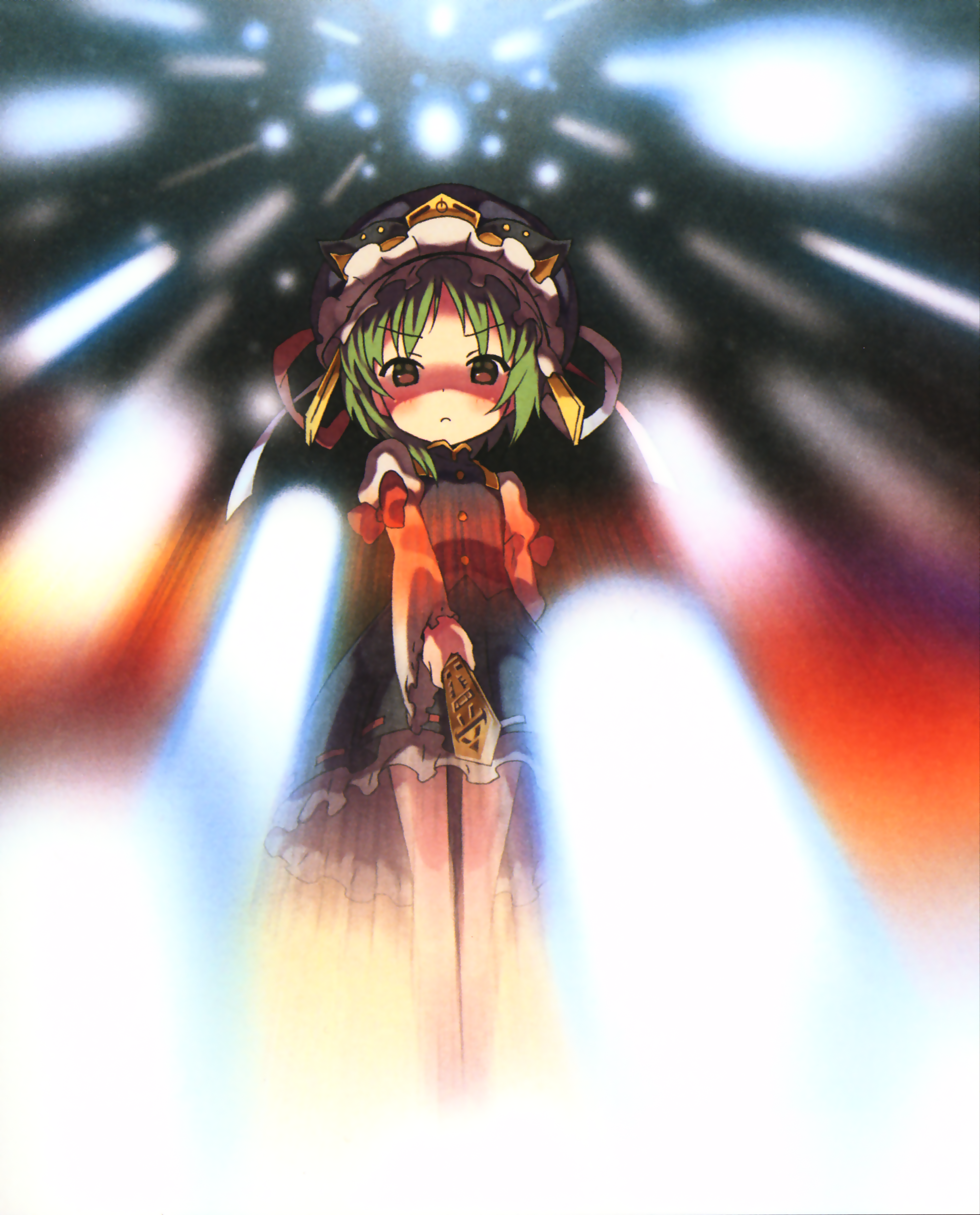 moriki takeshi, shiki eiki, touhou, absurdres, highres, official art, 1girl, blush, danmaku, female focus, green hair, hat, ribbon, rod of remorse, short hair, skirt, solo