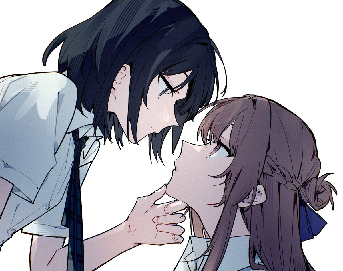 kaeshi (yuukaeshi), miyagi shiori, sendai hazuki, shuuniichido classmate wo kau hanashi, 2girls, black eyes, black hair, braid, brown hair, closed mouth, collared shirt, eye contact, half up braid, hand on another's chin, long hair, looking at another, medium hair, multiple girls, necktie, parted lips, purple eyes, school uniform, shirt, short sleeves, simple background, white background, white shirt, yuri