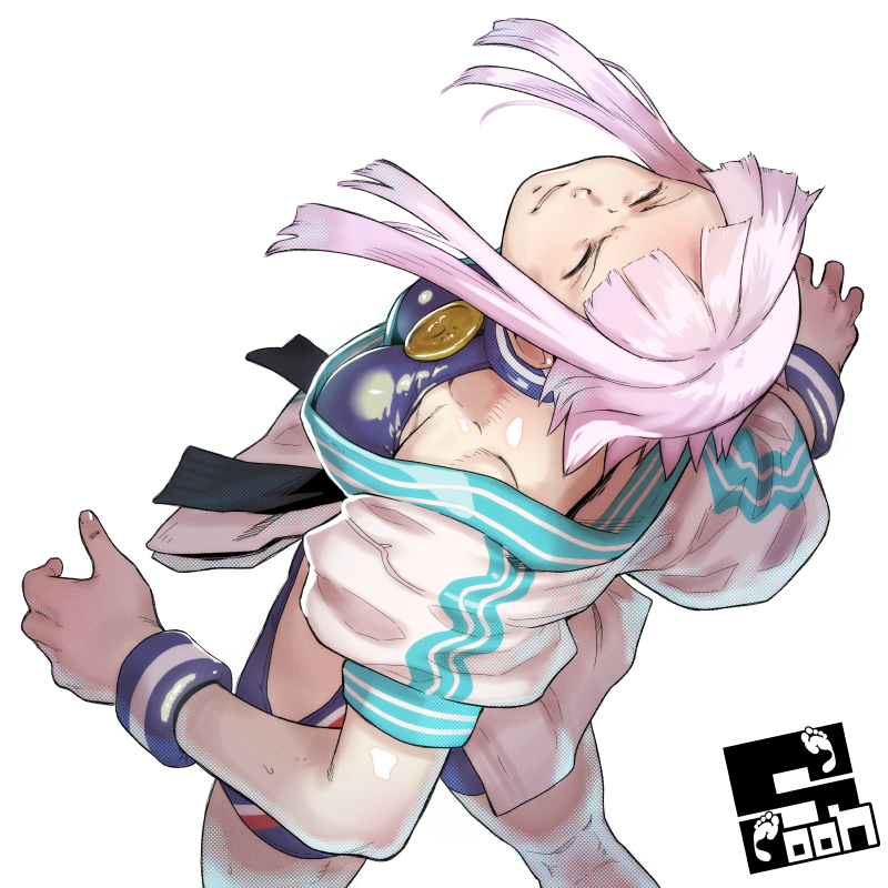 soon (c-u-soon), manon legrand, street fighter, street fighter 6, commentary request, 1girl, artist name, breasts, closed eyes, martial arts belt, medallion, pink hair, short hair with long locks, sidelocks, simple background, solo, white background