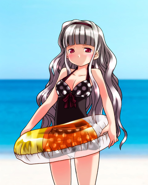 seiryuu (blue dragon), shijou takane, idolmaster, idolmaster (classic), 00s, 1girl, female focus, innertube, one-piece swimsuit, polka dot, solo, swim ring, swimsuit