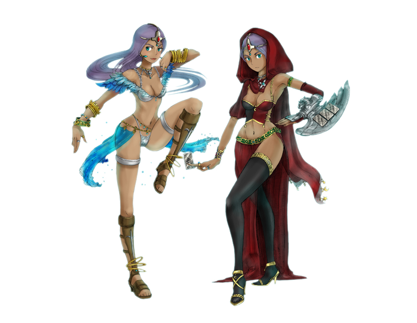 manmaru-sue, manya (dq4), minea (dq4), chunsoft, dragon quest, dragon quest iv, enix, final fantasy, final fantasy tactics, odin sphere, yu-gi-oh!, yu-gi-oh! duel monsters, 2girls, bikini, blue eyes, boots, bracelet, breasts, bridal gauntlets, cape, card, circlet, cleavage, dark-skinned female, dark skin, duel disk, earrings, gloves, holding, holding card, hood, jewelry, long hair, multiple girls, necklace, pelvic curtain, purple hair, ring, siblings, single glove, sisters, swimsuit, thigh strap, thighhighs, twins