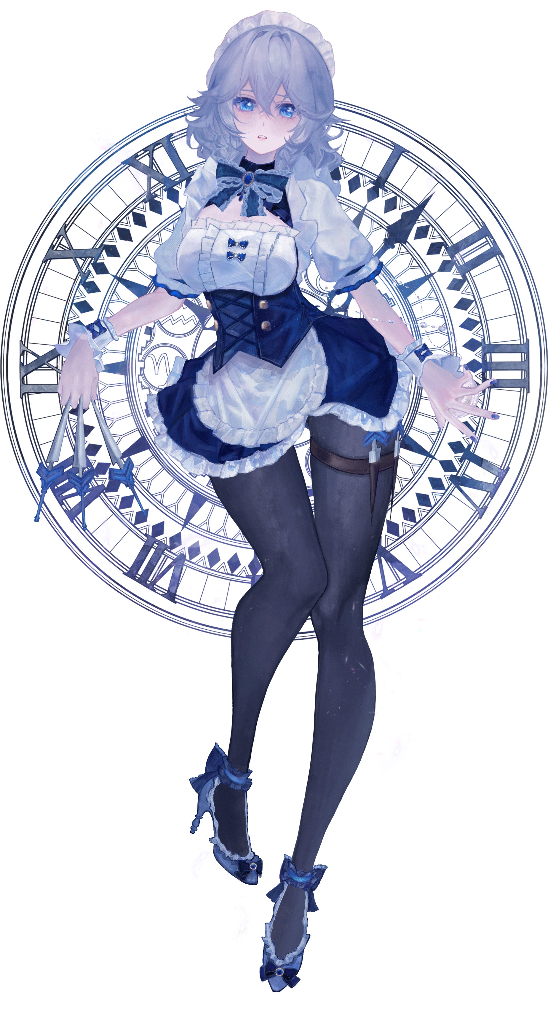 izayoi sakuya, touhou, absurdres, highres, 1girl, apron, blue eyes, blue nails, blue shoes, bodice, bow, braid, breasts, center frills, clock, frilled bow, frilled wrist cuffs, frills, full body, garter belt, grey hair, high heels, knife, leggings, maid, maid apron, maid headdress, medium breasts, medium hair, minamo kyoka, parted lips, puffy short sleeves, puffy sleeves, shoes, short sleeves, solo, standing, twin braids, waist apron, white background, wrist cuffs