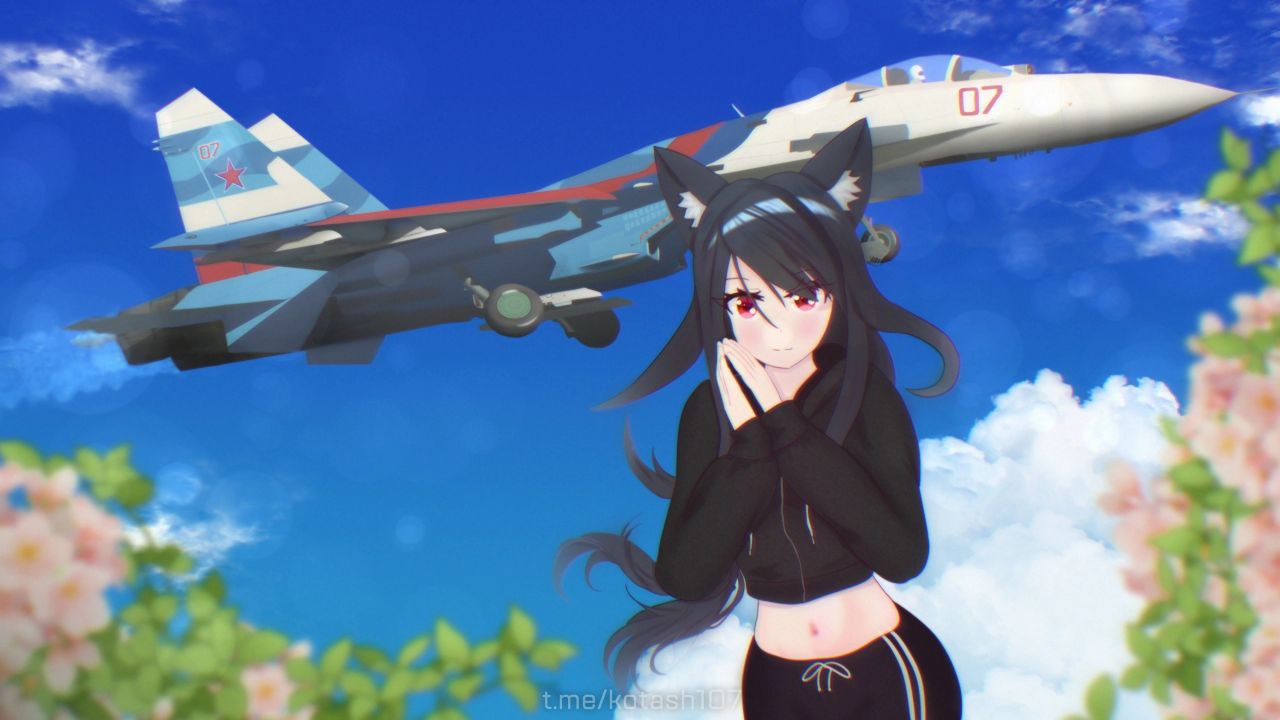 kotash, su-27, original, 1girl, afterburner, aircraft, airplane, animal ears, black hair, black hoodie, blue sky, cat ears, cat girl, cherry blossoms, cloud, flower, hood, hoodie, long hair, looking at viewer, navel, own hands together, pink flower, pink petals, red eyes, russia, russian air force, sky, smile, solo, stomach