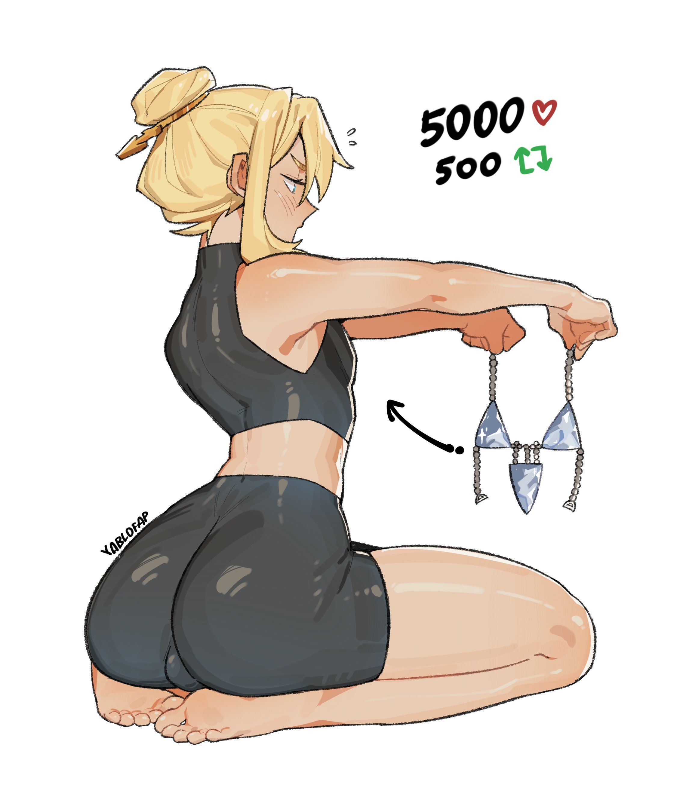 alohapz, bridget (guilty gear), guilty gear, absurdres, highres, 1boy, alternate costume, androgyne symbol, arrow (symbol), ass, back, barefoot, bike shorts, bikini, black shorts, blonde hair, blue bikini, blue eyes, bulge, compression shirt, crop top, flying sweatdrops, from behind, full body, hair bun, half-closed eyes, hands up, holding, holding swimsuit, holding unworn clothes, like and retweet, male focus, midriff, outstretched arms, seiza, shirt, short hair, shorts, simple background, single hair bun, sitting, sleeveless, sleeveless shirt, solo, swimsuit, trap, twitter strip game, unworn swimsuit, white background