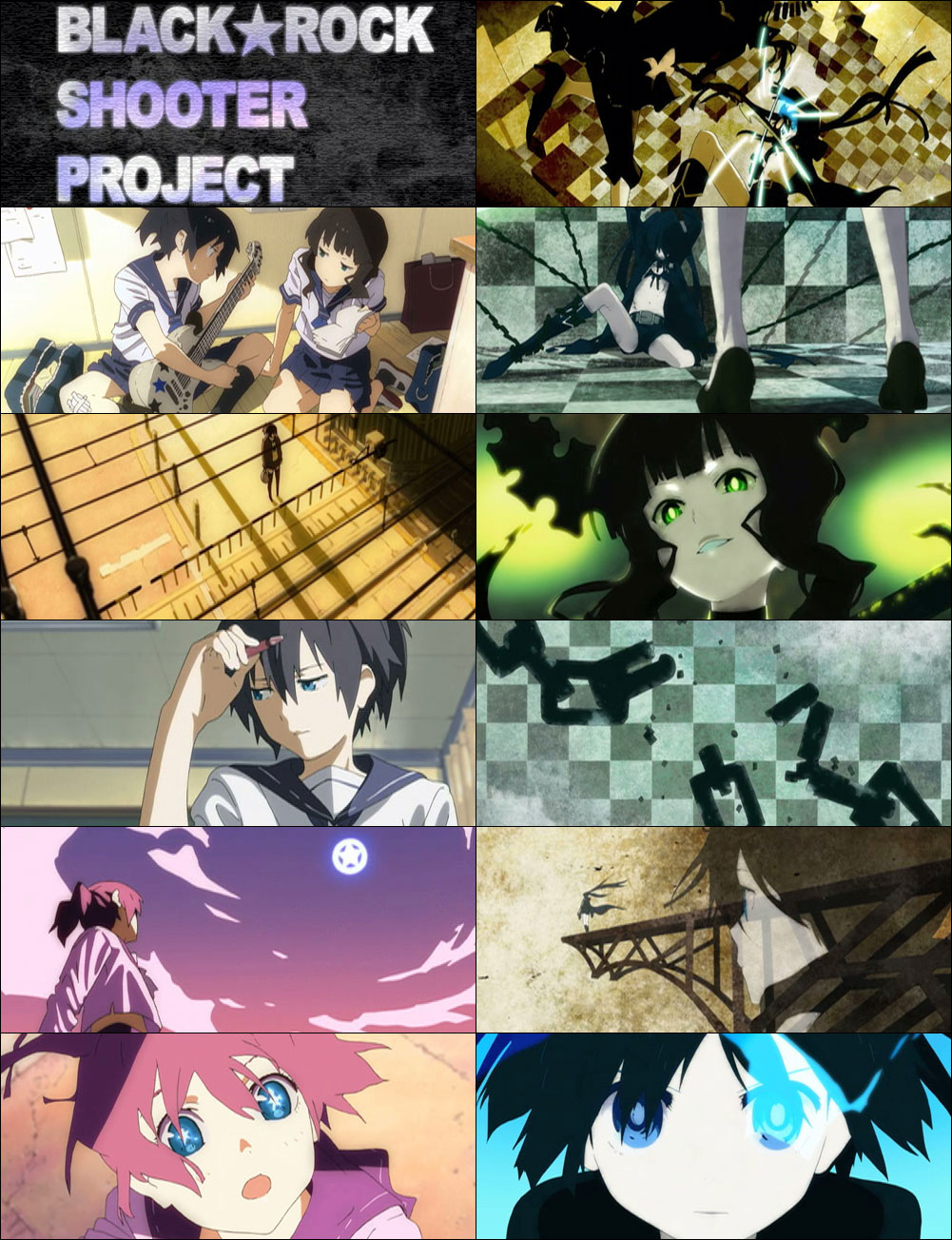 black rock shooter (character), dead master, kuroi mato, takanashi yomi, black rock shooter, anime screenshot, highres, official art, + +, 10s, 2girls, battle, belt, black hair, blue eyes, boots, chain, choker, cloud, coat, glowing, glowing eyes, green eyes, grin, guitar, high heels, hood, hooded jacket, horns, instrument, jacket, katana, knee boots, long hair, looking up, mockingbird(guitar), multiple girls, pale skin, ponytail, school uniform, shoes, short shorts, shorts, smile, sword, twintails, uneven twintails, uwabaki, very long hair, weapon