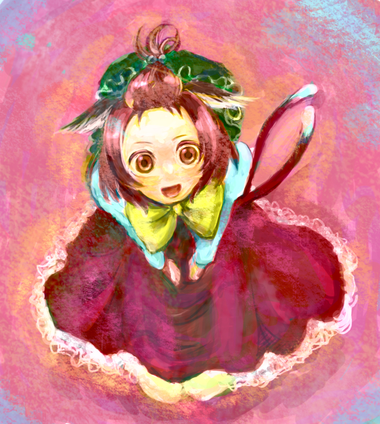 matsuyu, chen, touhou, bad id, bad pixiv id, 1girl, alternate hairstyle, animal ears, cat ears, cat girl, cat tail, dress, earrings, female focus, forehead, full body, hat, jewelry, multiple tails, short hair, solo, tail