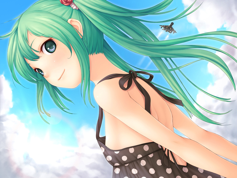 f-cla, hatsune miku, vocaloid, bad id, bad pixiv id, 1girl, aircraft, airplane, back, black dress, blush, breasts, cloud, day, downblouse, dress, female focus, green eyes, green hair, long hair, looking back, matching hair/eyes, polka dot, sideboob, sky, small breasts, smile, solo, twintails